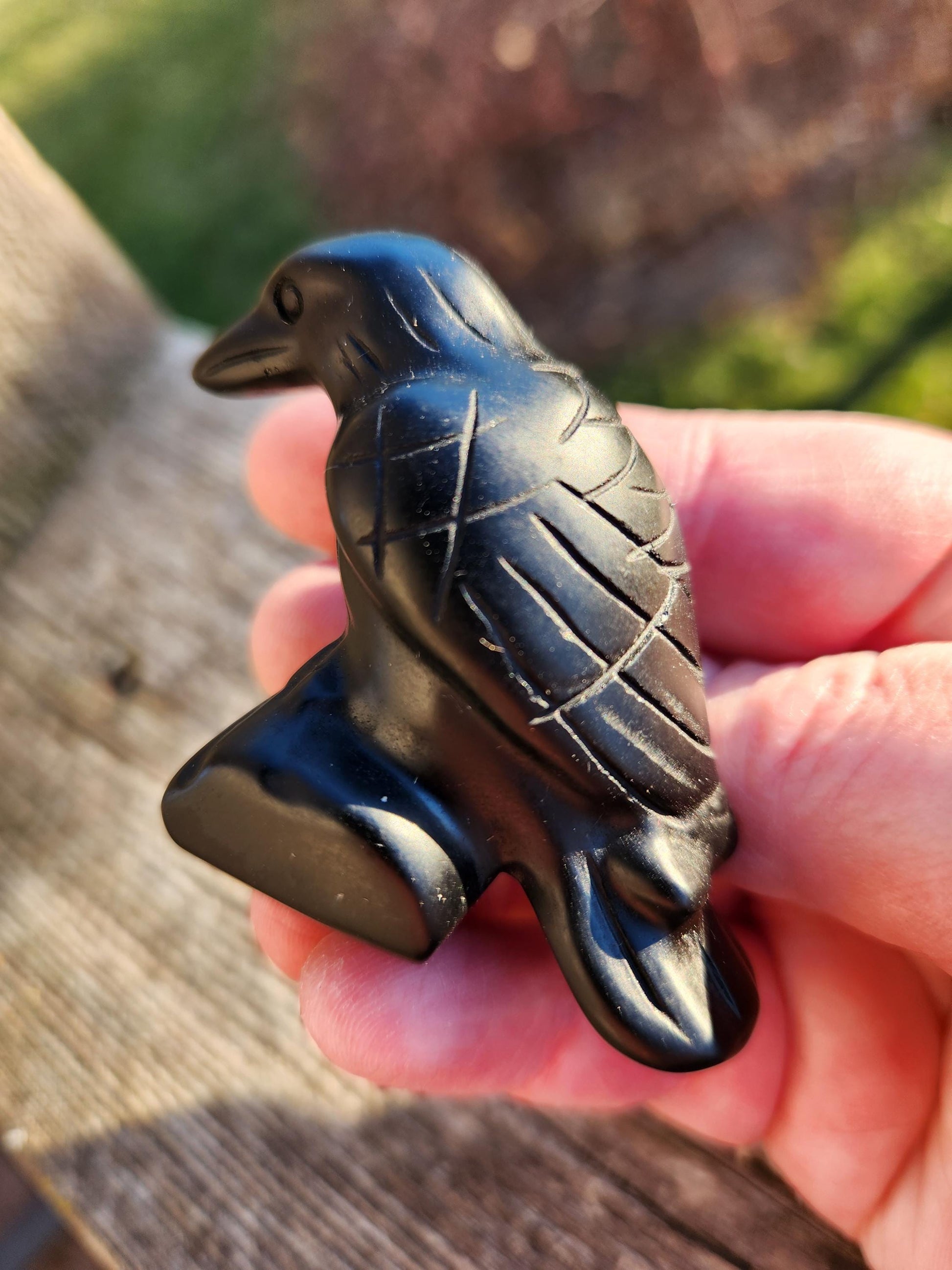 Carved Black Obsidian Crow Raven on Stand: Natural Crystal Raven Figurine