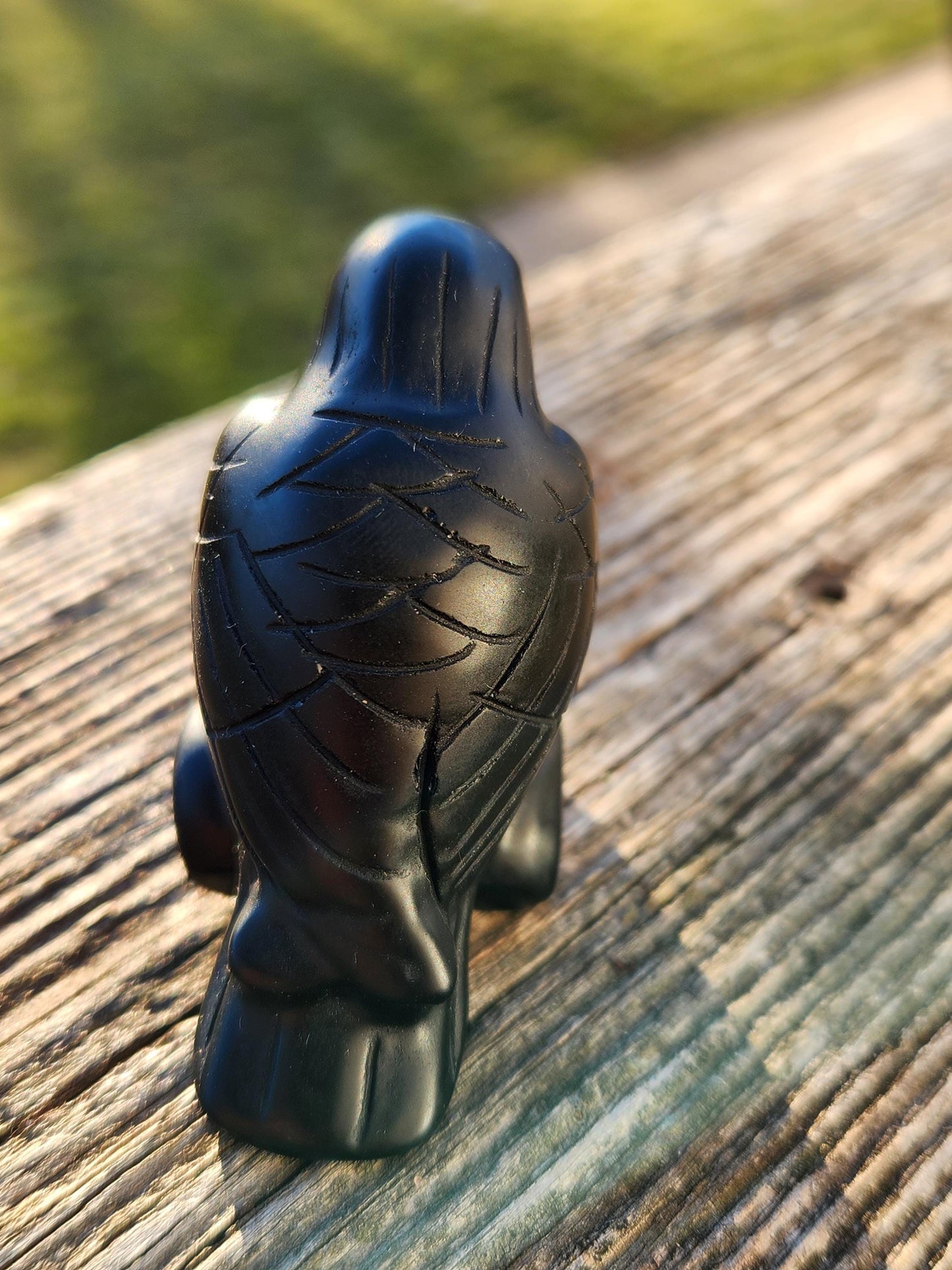 Carved Black Obsidian Crow Raven on Stand: Natural Crystal Raven Figurine