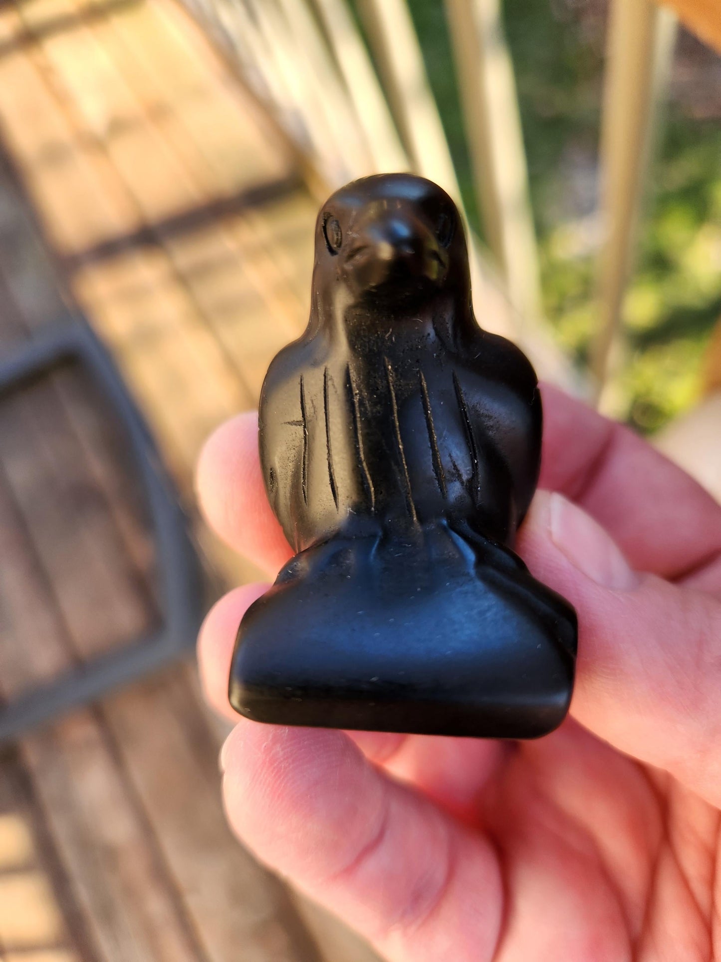 Carved Black Obsidian Crow Raven on Stand: Natural Crystal Raven Figurine
