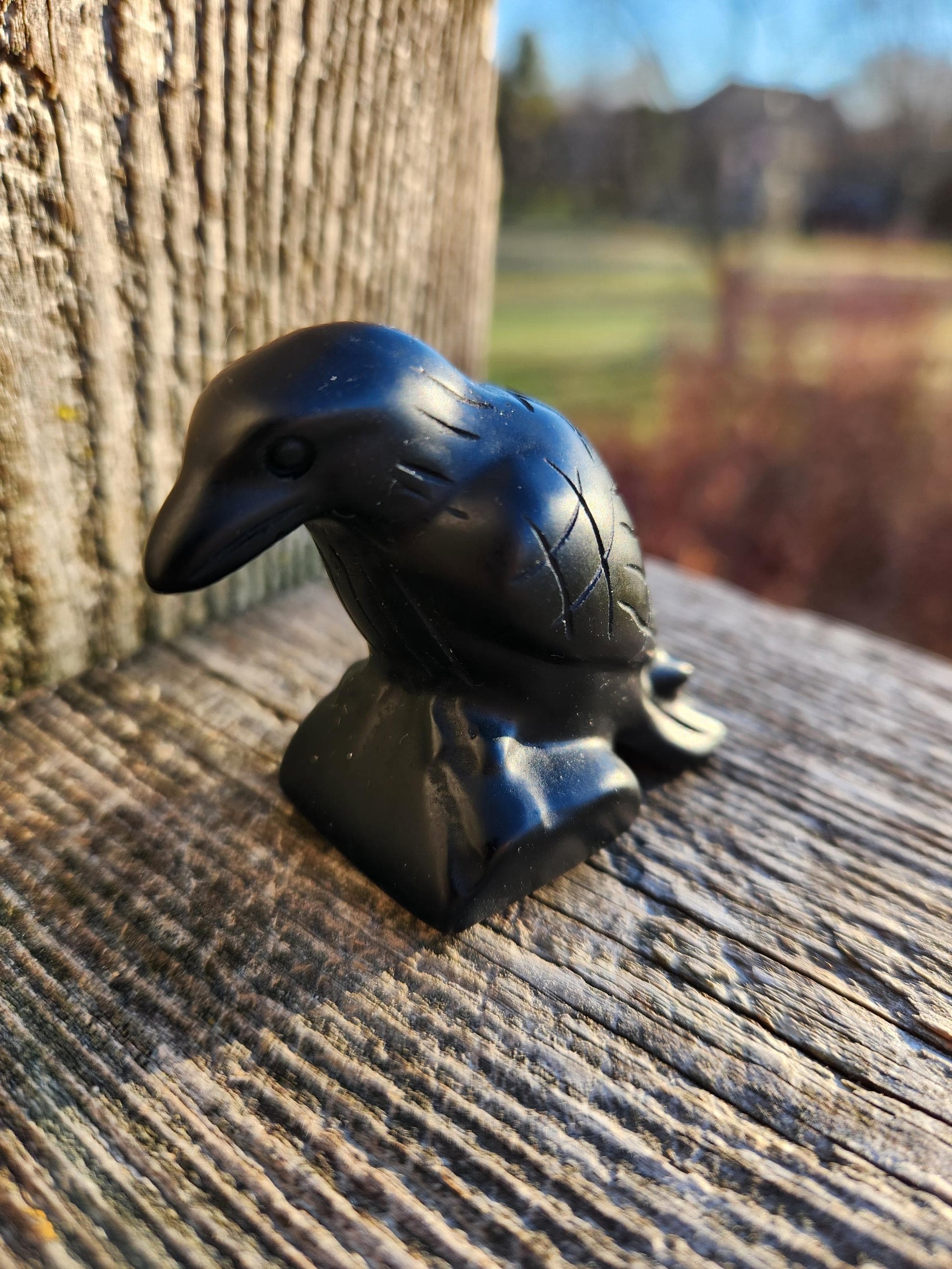 Carved Black Obsidian Crow Raven on Stand: Natural Crystal Raven Figurine