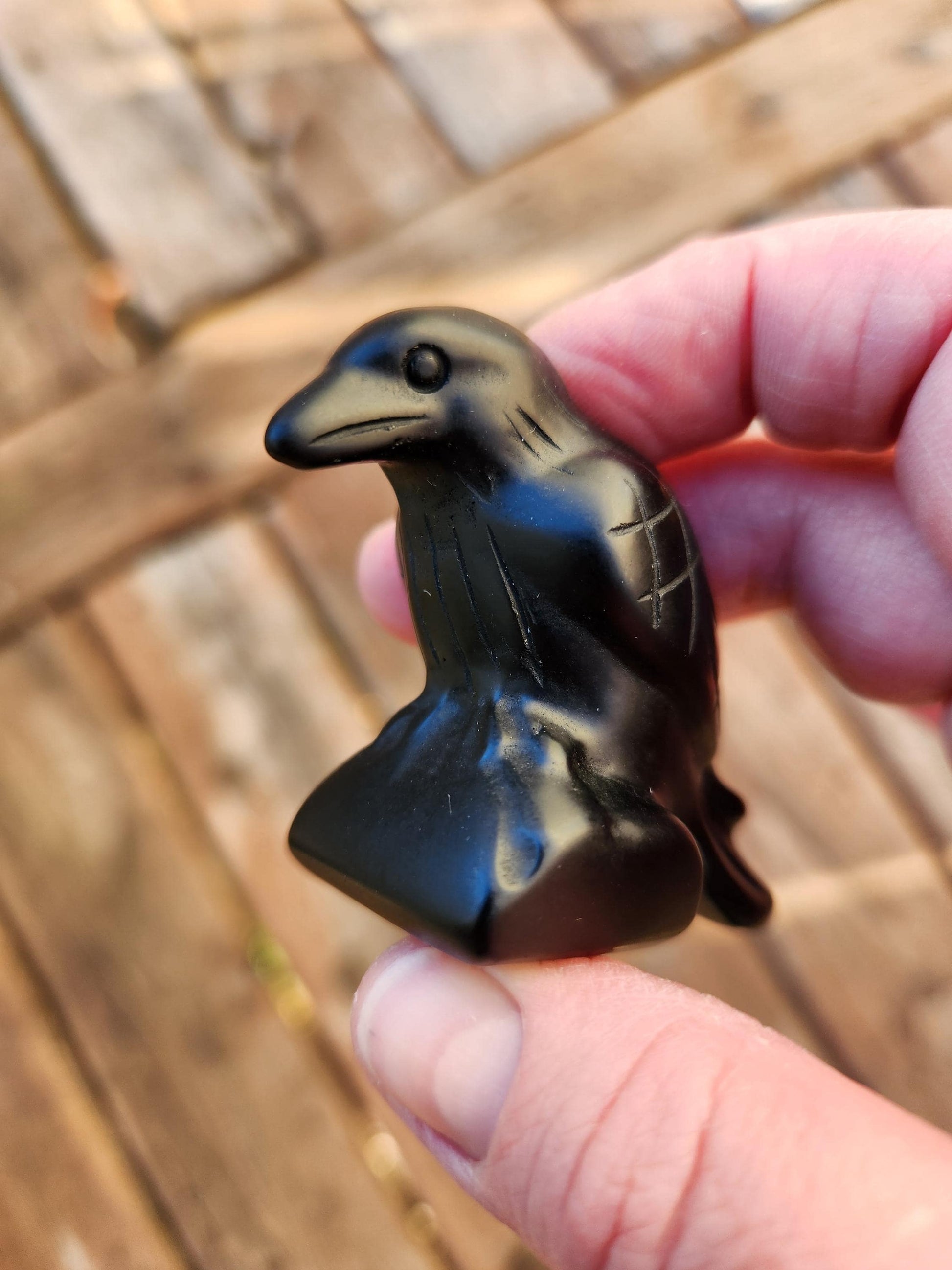 Carved Black Obsidian Crow Raven on Stand: Natural Crystal Raven Figurine