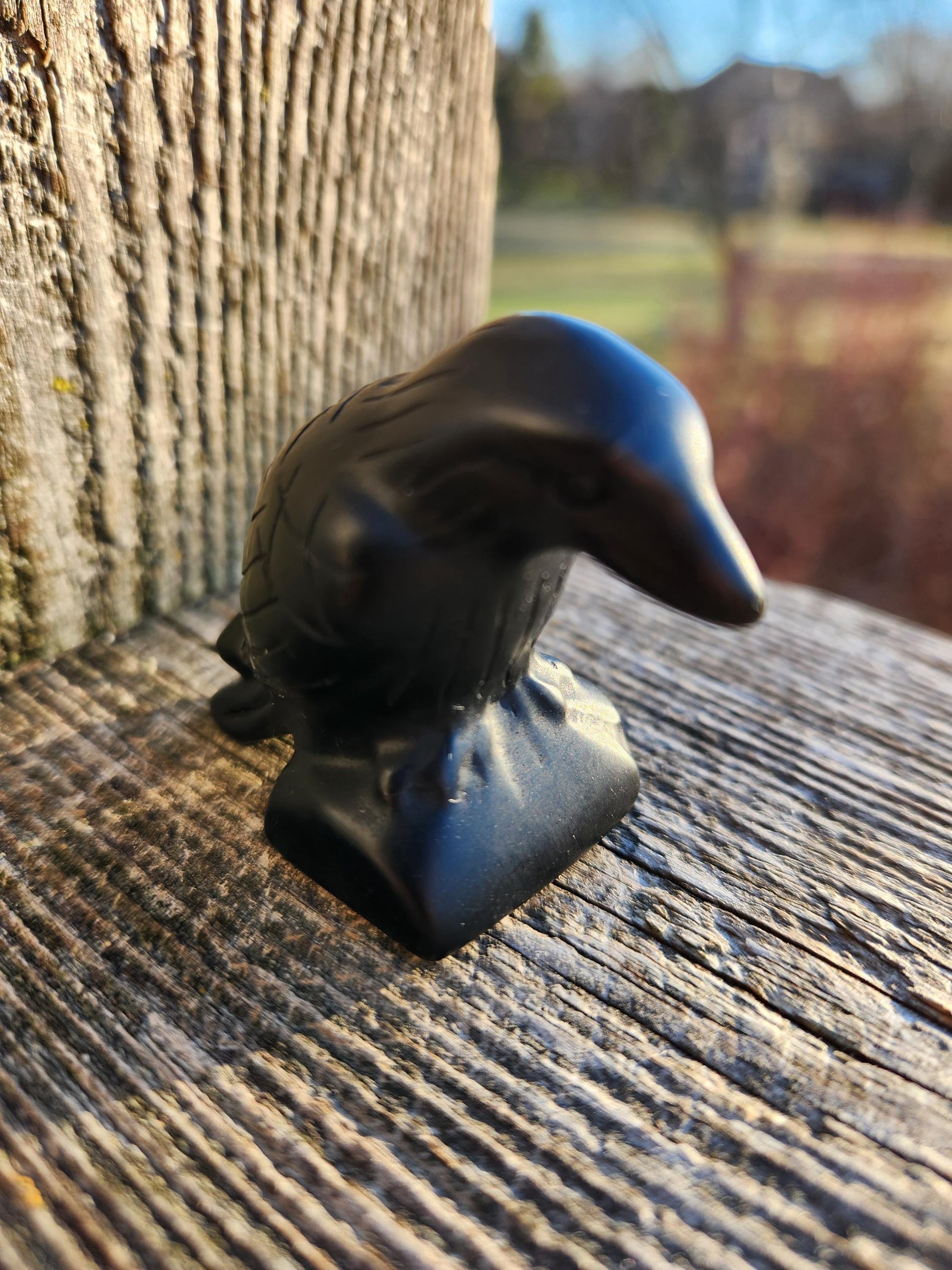 Carved Black Obsidian Crow Raven on Stand: Natural Crystal Raven Figurine