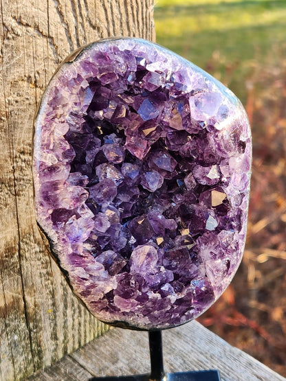 Gorgeous Dark Purple Amethyst Crystal On Metal Stand with Polished Edges, Cathedral