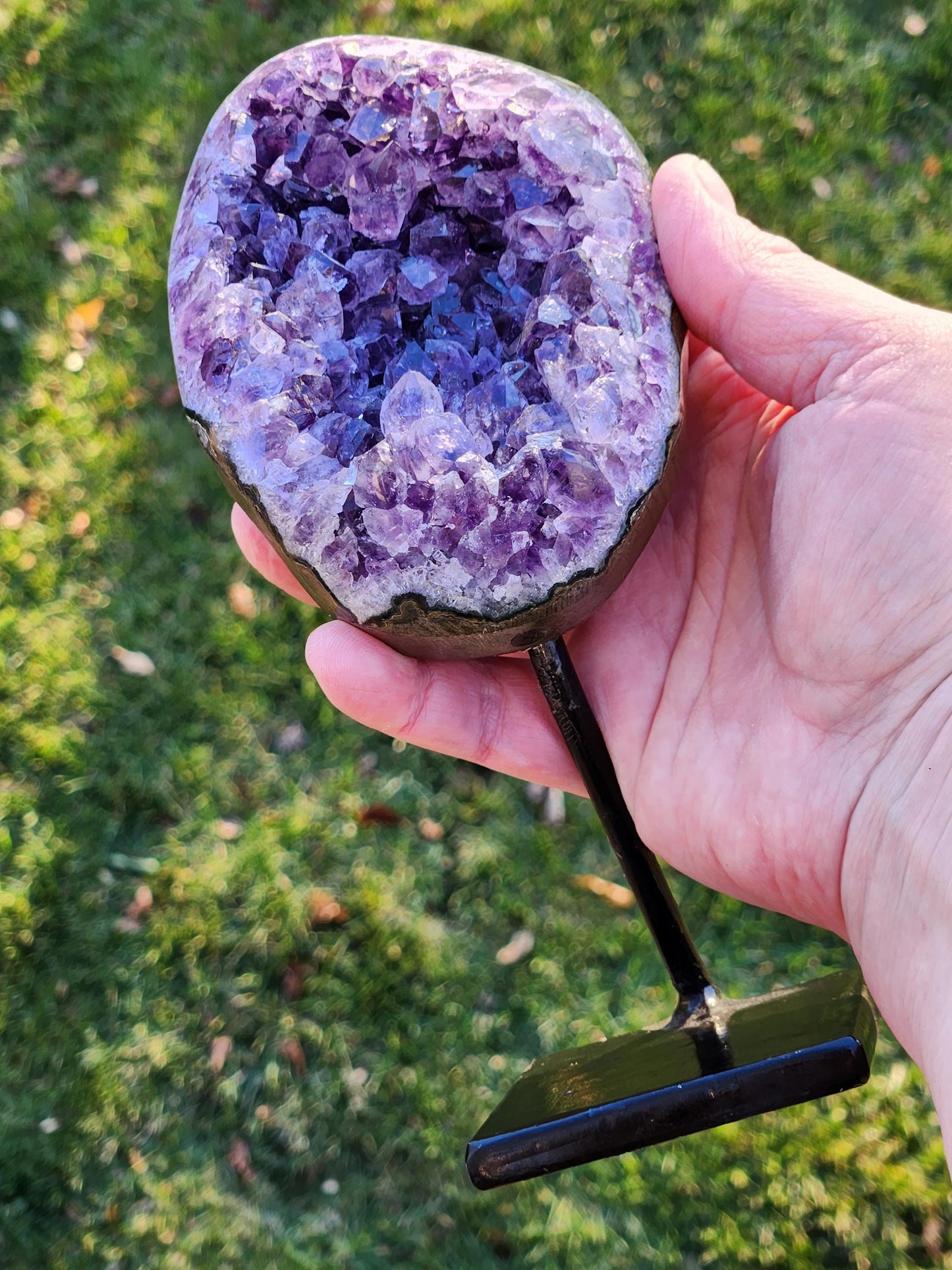 Gorgeous Dark Purple Amethyst Crystal On Metal Stand with Polished Edges, Cathedral