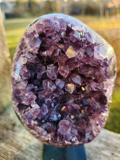 Gorgeous Dark Purple Amethyst Crystal On Metal Stand with Polished Edges, Cathedral