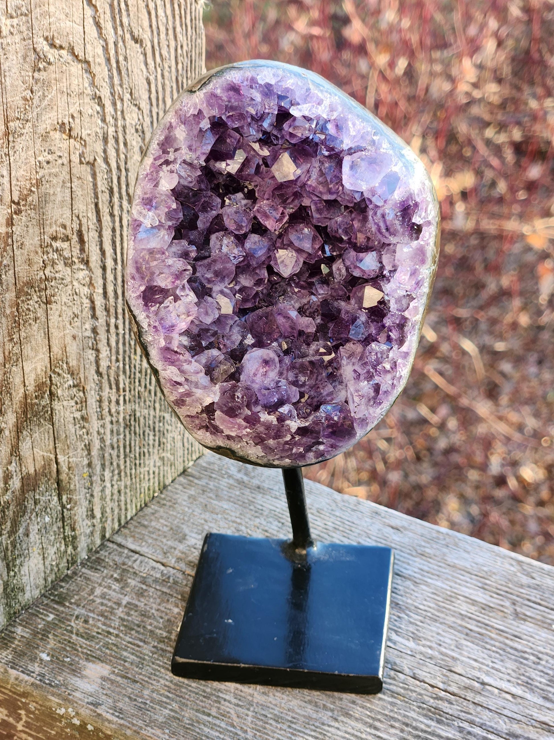 Gorgeous Dark Purple Amethyst Crystal On Metal Stand with Polished Edges, Cathedral