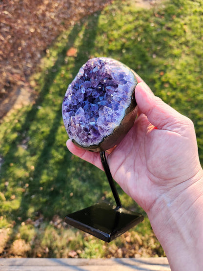 Gorgeous Dark Purple Amethyst Crystal On Metal Stand with Polished Edges, Cathedral