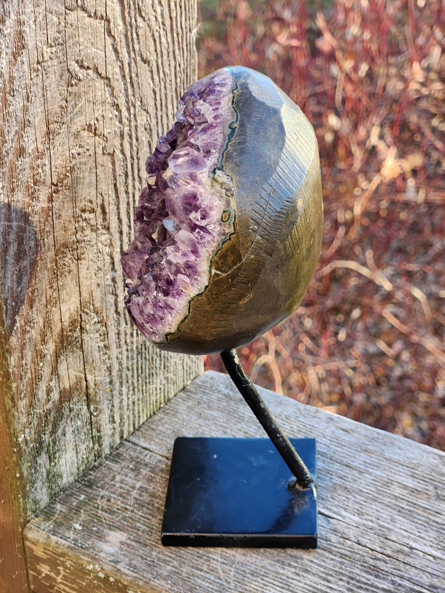 Gorgeous Dark Purple Amethyst Crystal On Metal Stand with Polished Edges, Cathedral
