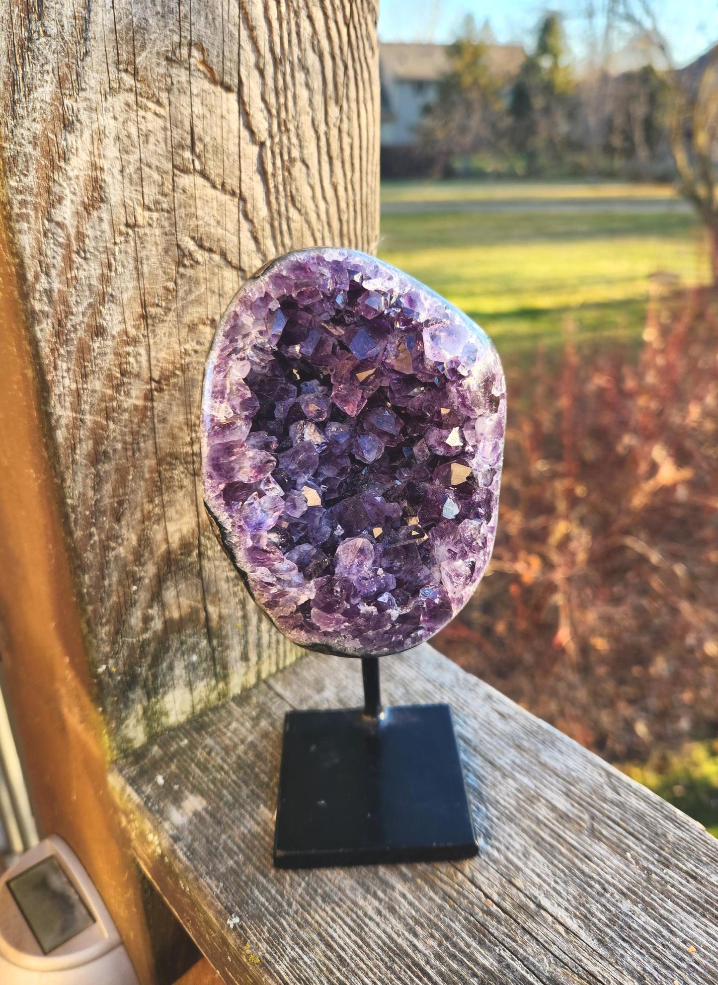 Gorgeous Dark Purple Amethyst Crystal On Metal Stand with Polished Edges, Cathedral