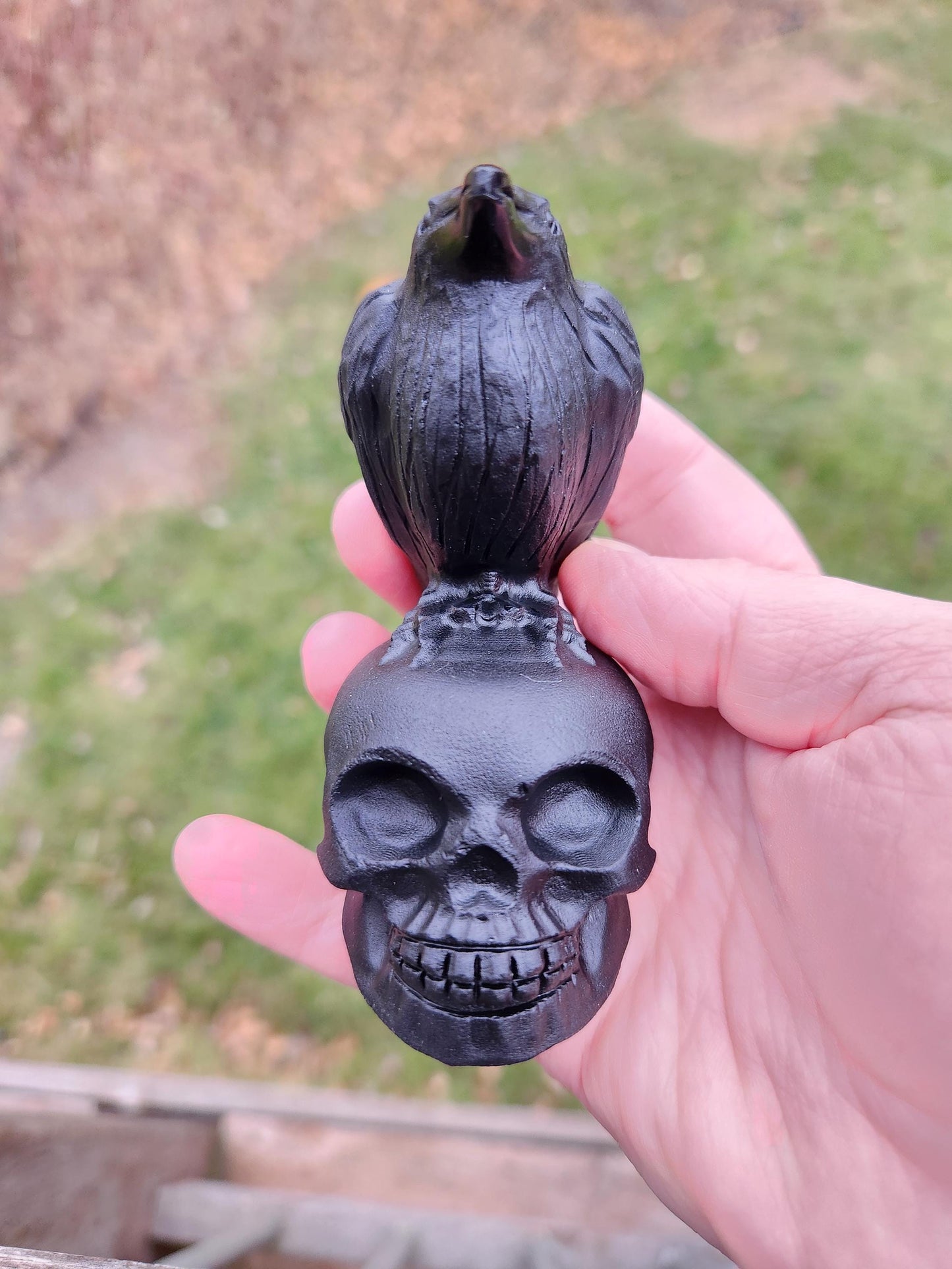 Carved Black Obsidian Crow Raven on Skull: Natural Crystal Raven Figurine