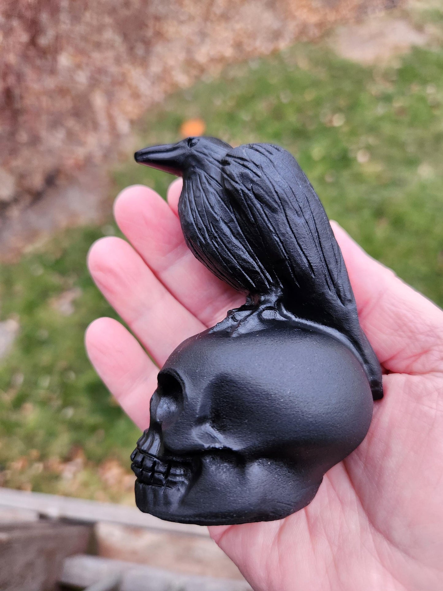 Carved Black Obsidian Crow Raven on Skull: Natural Crystal Raven Figurine