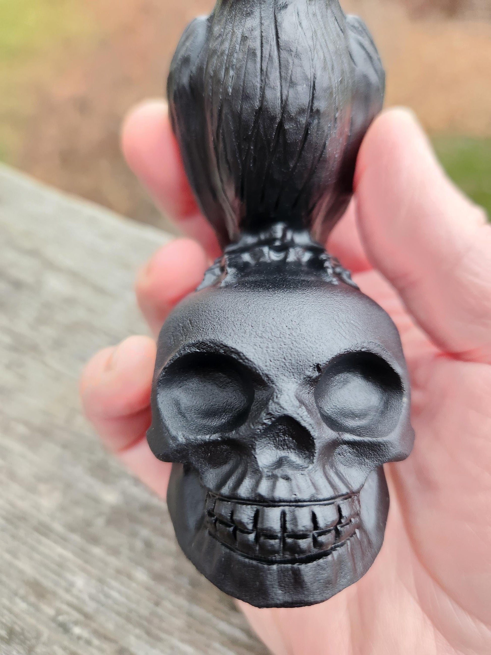 Carved Black Obsidian Crow Raven on Skull: Natural Crystal Raven Figurine