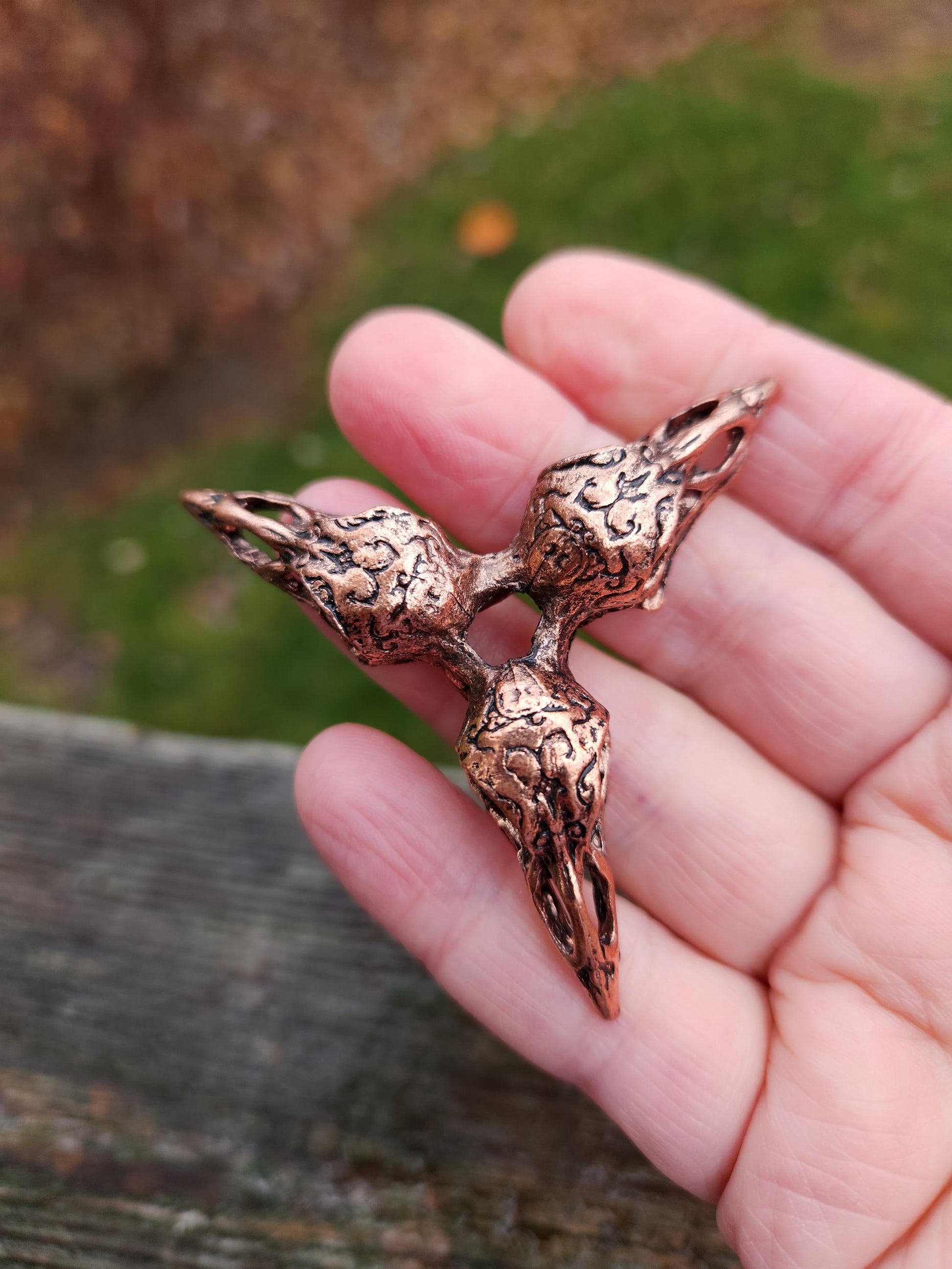 3 Raven Skull Shiny Copper Crystal Sphere Holder