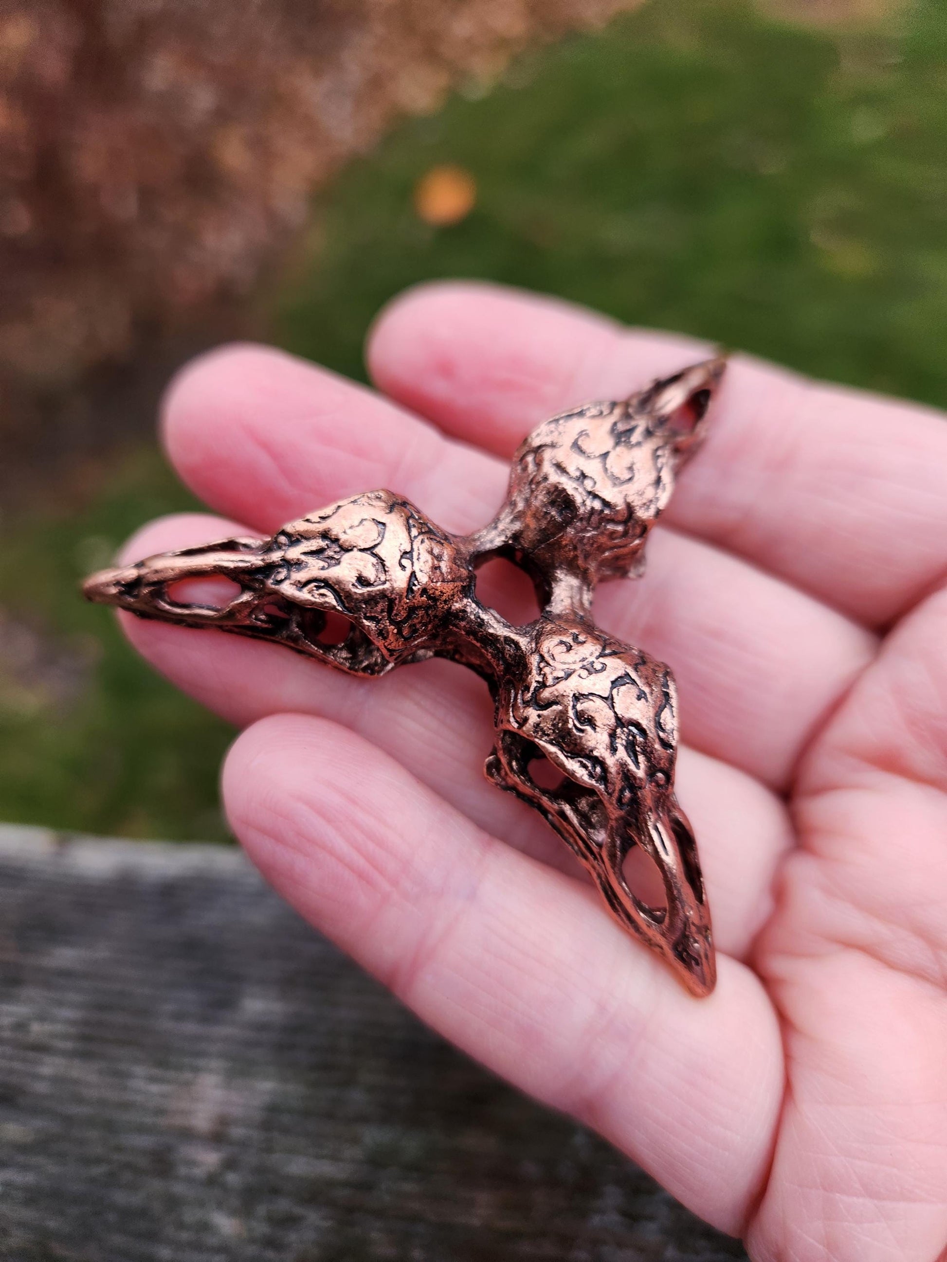 3 Raven Skull Shiny Copper Crystal Sphere Holder