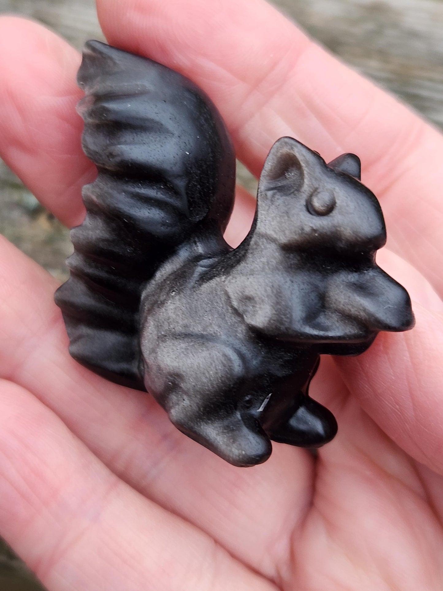 Silver Sheen Obsidian Carved Squirrel: Natural Crystal Figurine, 1 Squirrel
