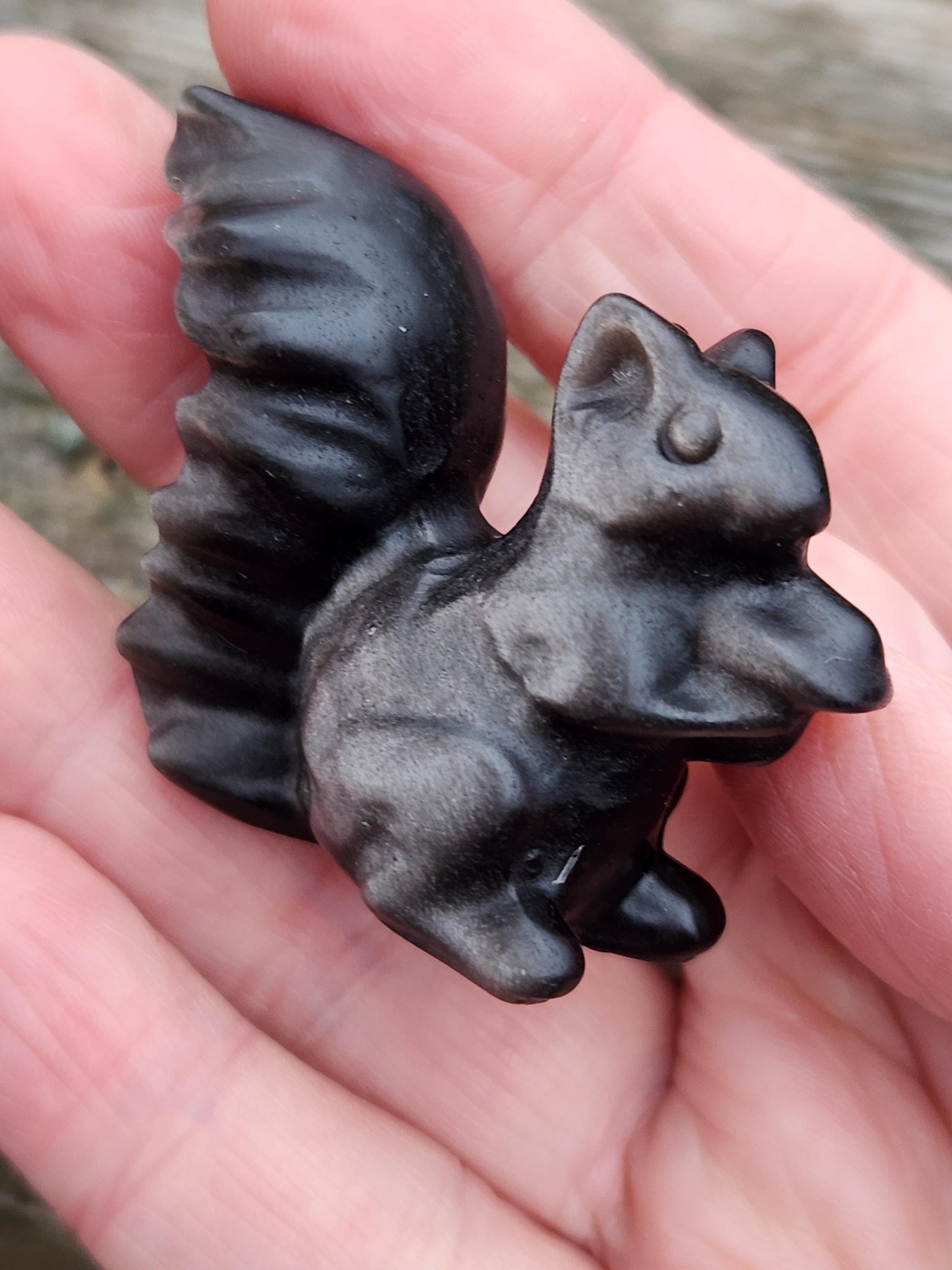 Silver Sheen Obsidian Carved Squirrel: Natural Crystal Figurine, 1 Squirrel