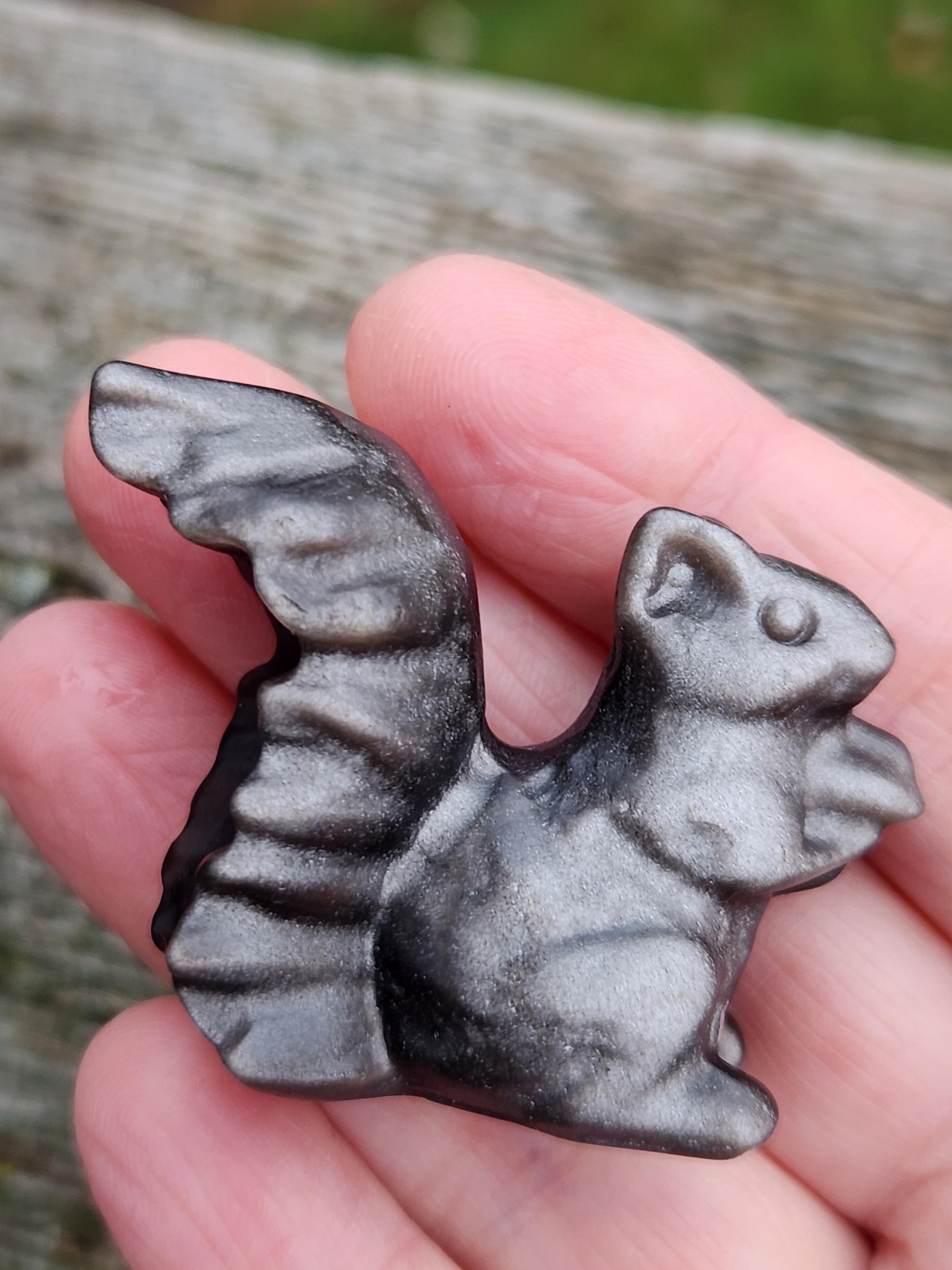 Silver Sheen Obsidian Carved Squirrel: Natural Crystal Figurine, 1 Squirrel