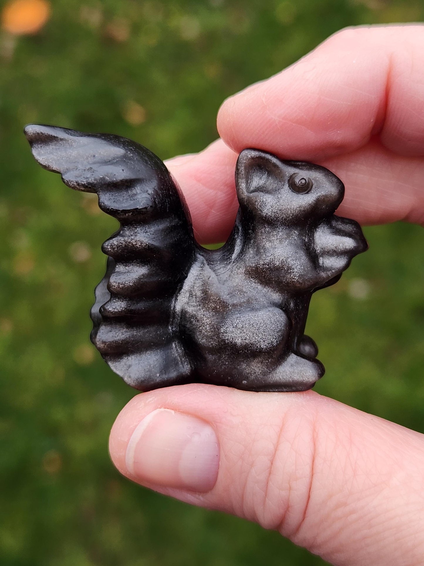 Silver Sheen Obsidian Carved Squirrel: Natural Crystal Figurine, 1 Squirrel