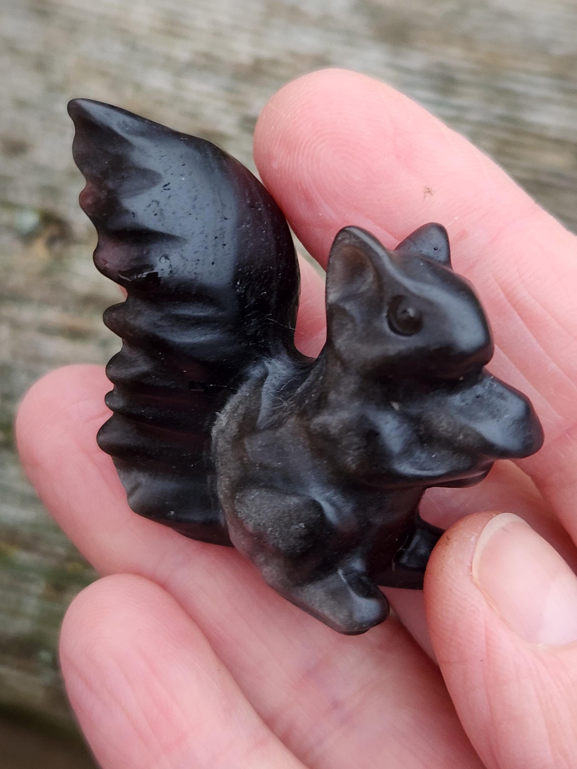 Silver Sheen Obsidian Carved Squirrel: Natural Crystal Figurine, 1 Squirrel