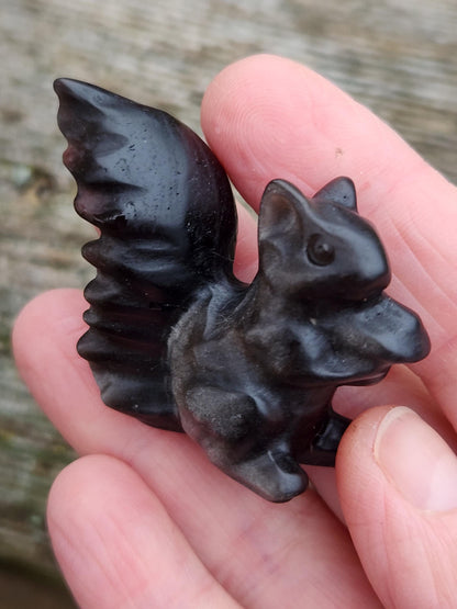 Silver Sheen Obsidian Carved Squirrel: Natural Crystal Figurine, 1 Squirrel