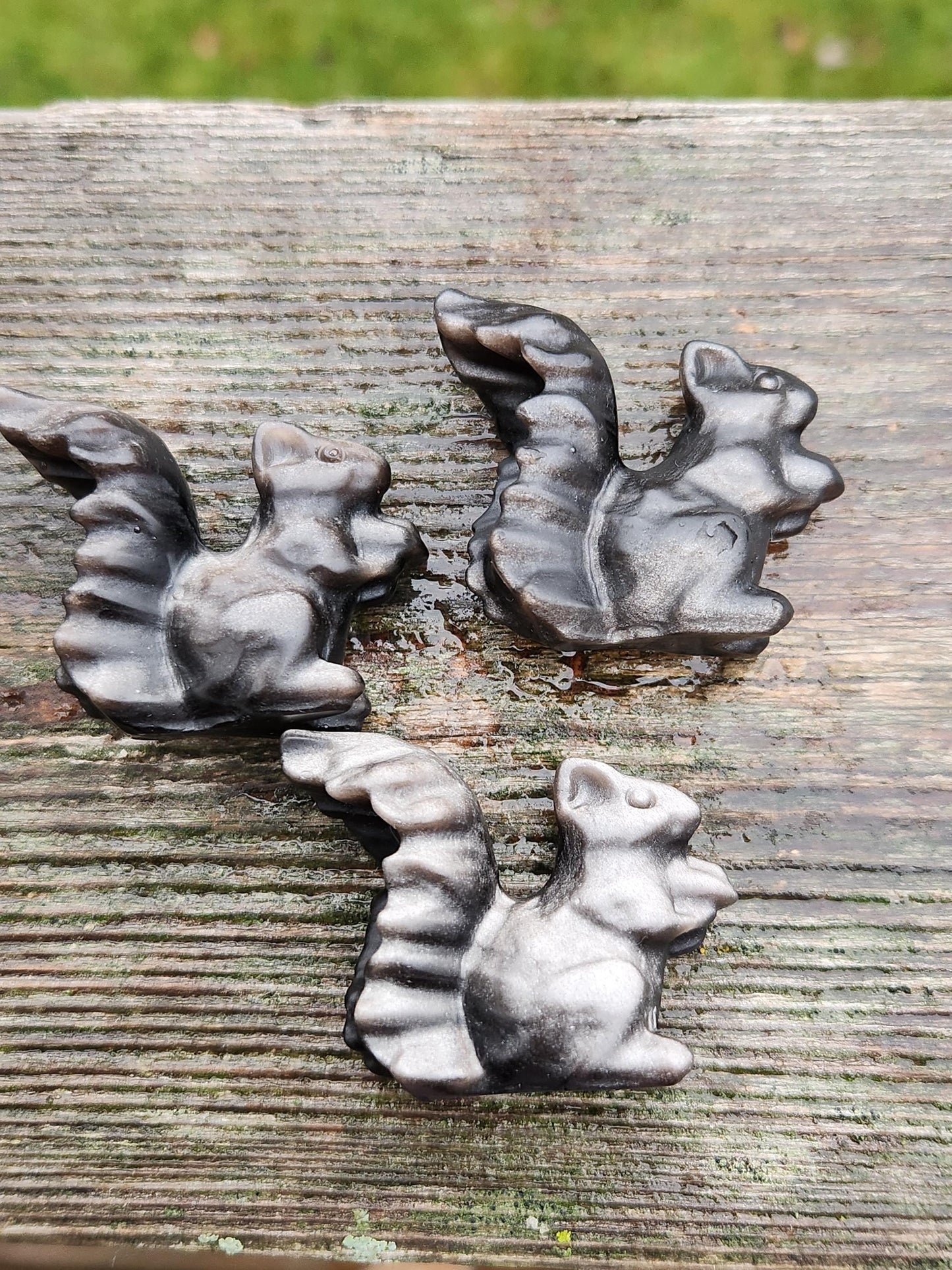 Silver Sheen Obsidian Carved Squirrel: Natural Crystal Figurine, 1 Squirrel