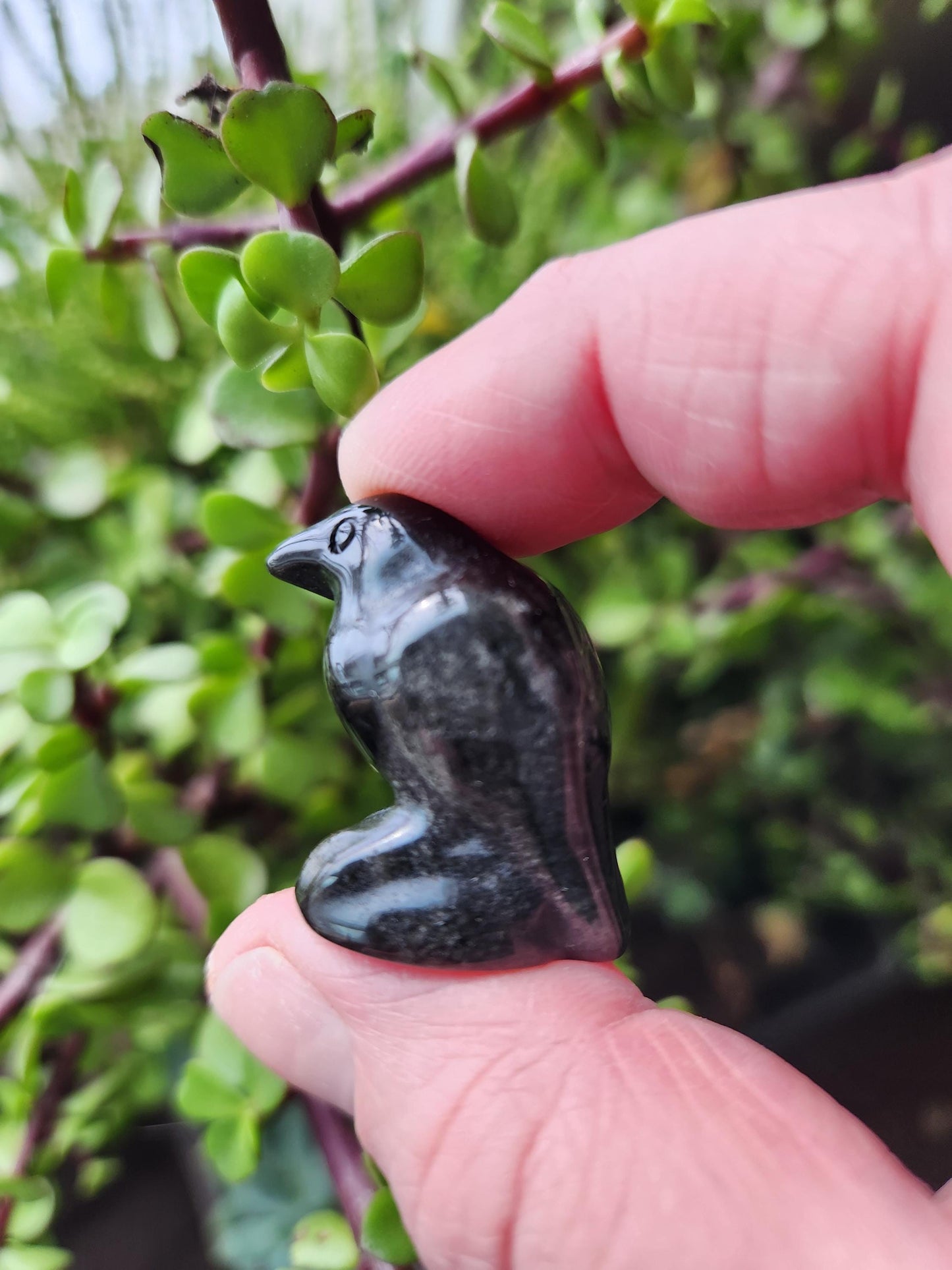 Carved Silver Sheen Obsidian Crow: Natural Crystal Raven Figurine, Small
