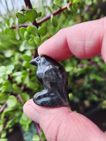Carved Silver Sheen Obsidian Crow: Natural Crystal Raven Figurine, Small