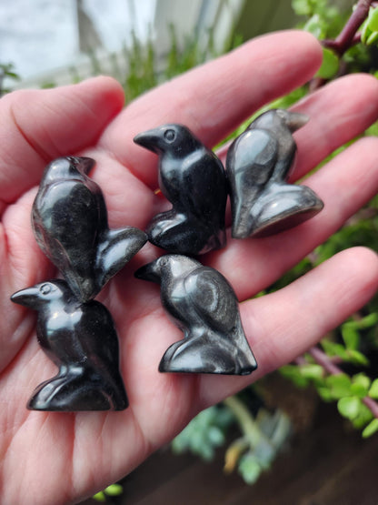 Carved Silver Sheen Obsidian Crow: Natural Crystal Raven Figurine, Small