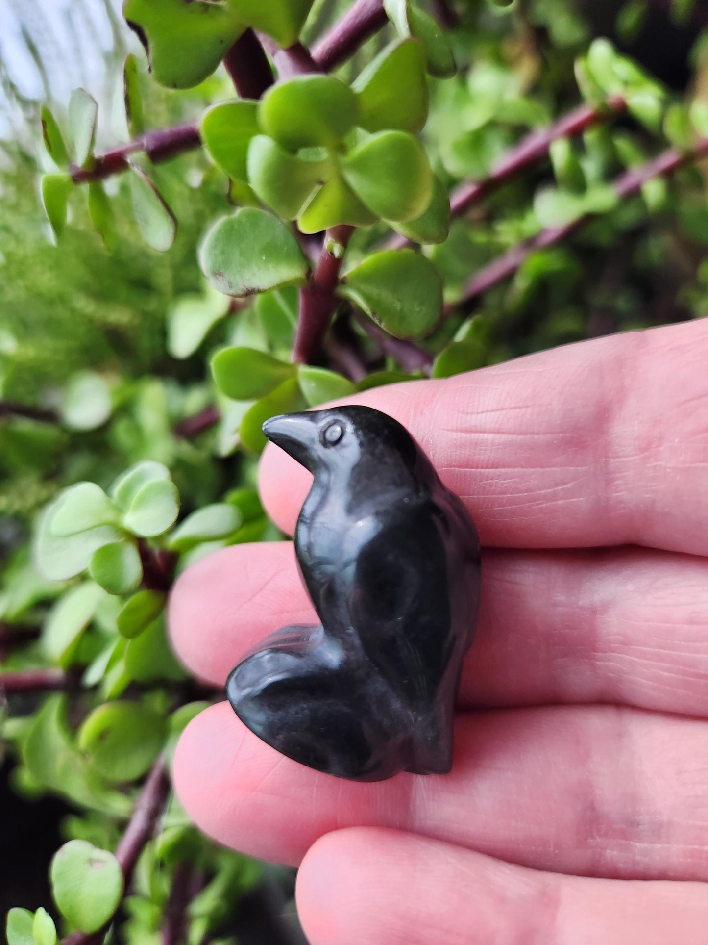Carved Silver Sheen Obsidian Crow: Natural Crystal Raven Figurine, Small