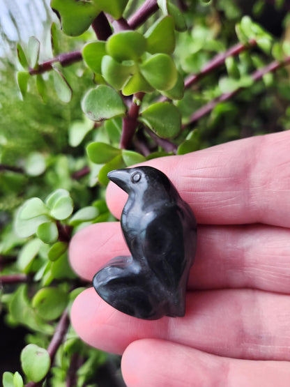 Carved Silver Sheen Obsidian Crow: Natural Crystal Raven Figurine, Small