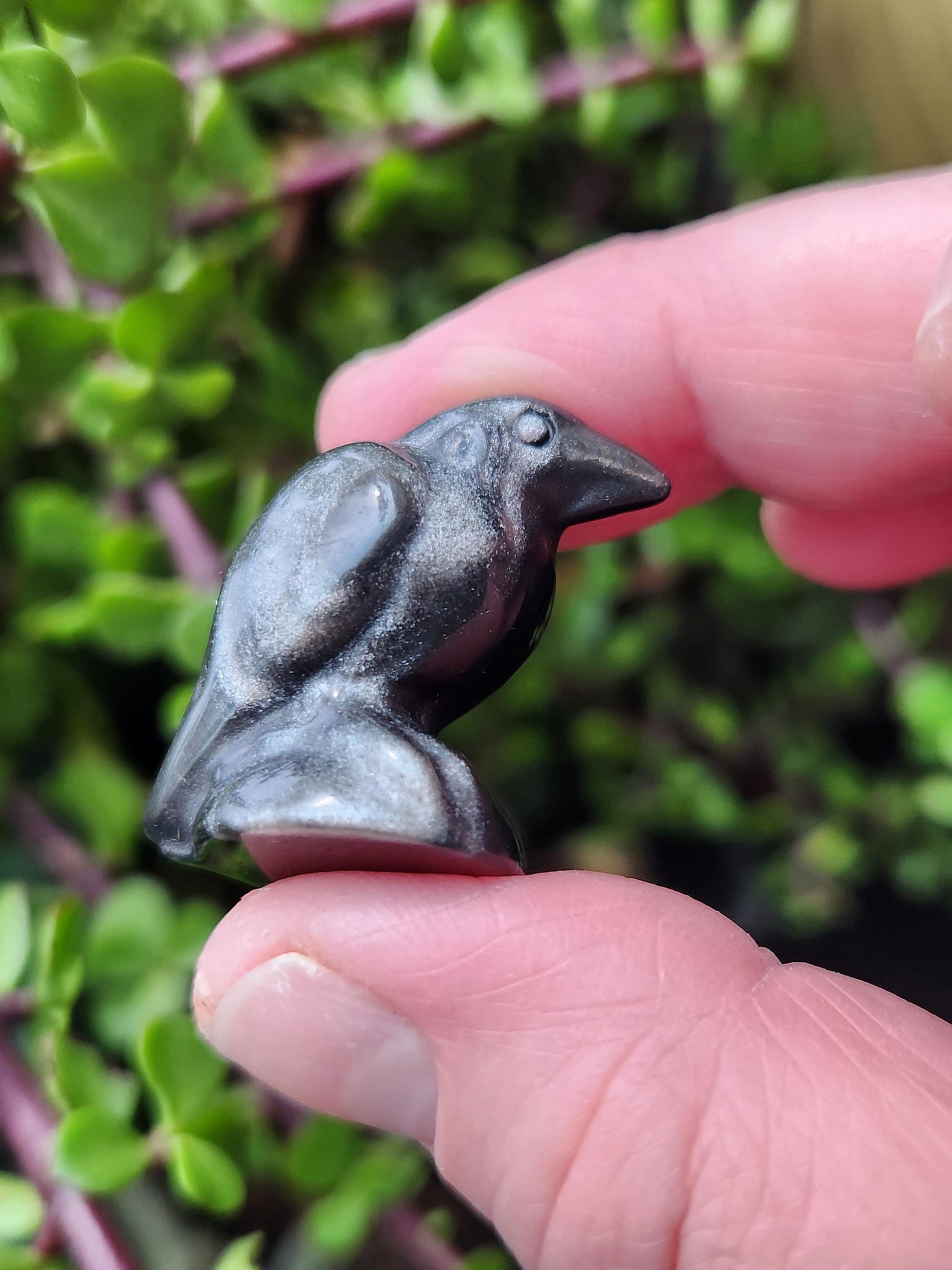Carved Silver Sheen Obsidian Crow: Natural Crystal Raven Figurine, Small