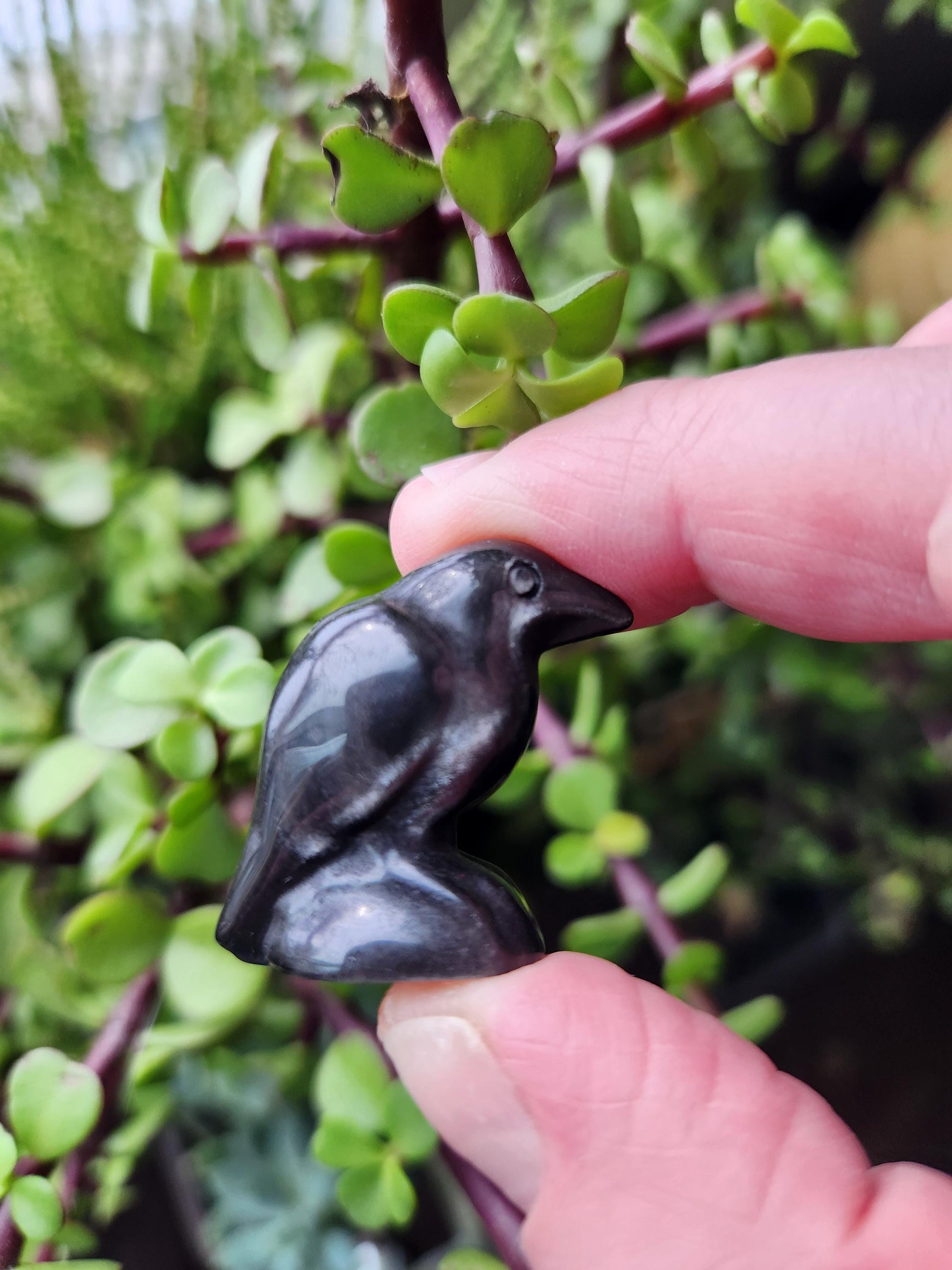 Carved Silver Sheen Obsidian Crow: Natural Crystal Raven Figurine, Small