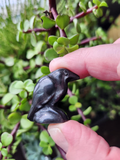 Carved Silver Sheen Obsidian Crow: Natural Crystal Raven Figurine, Small