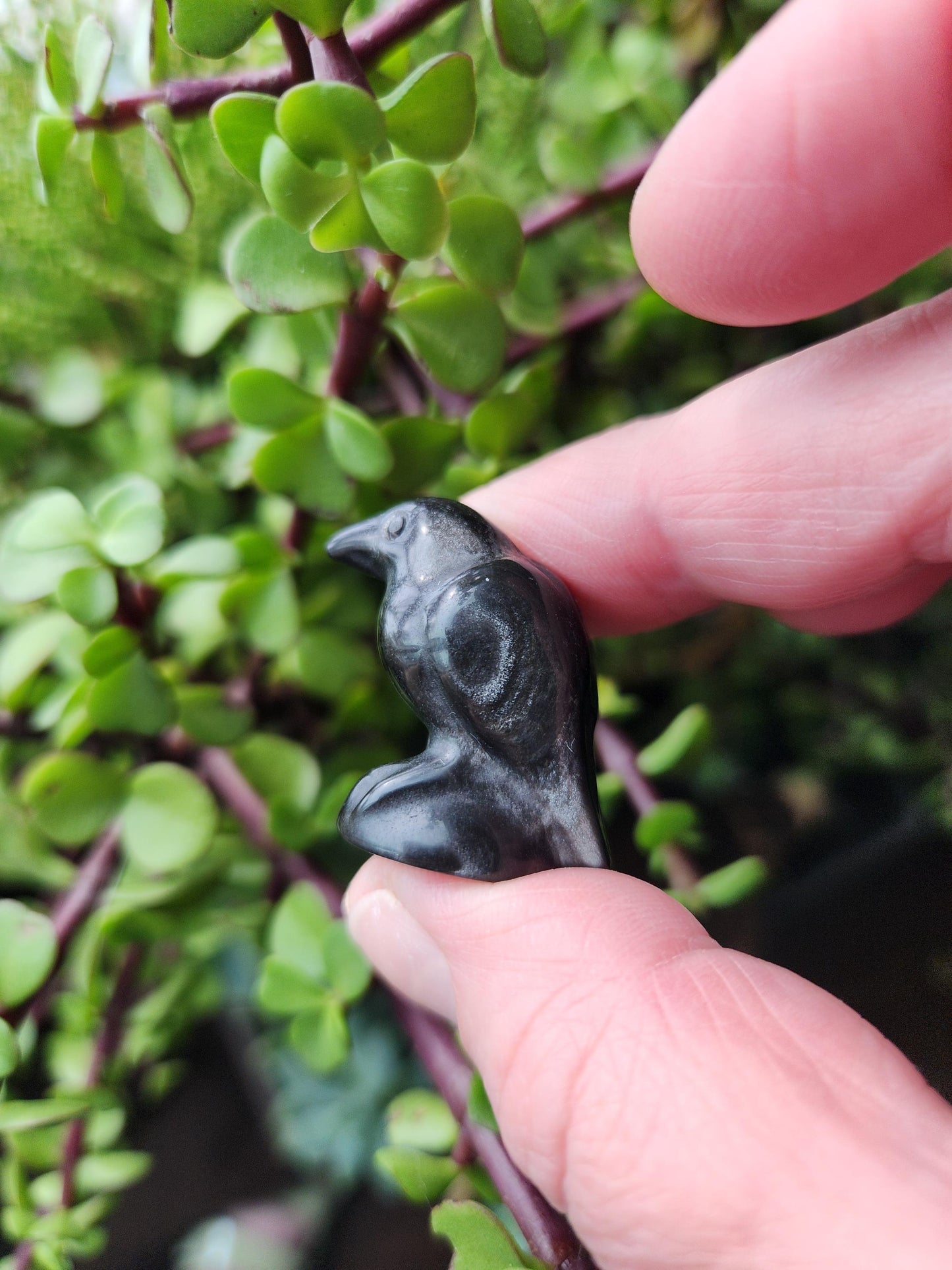Carved Silver Sheen Obsidian Crow: Natural Crystal Raven Figurine, Small