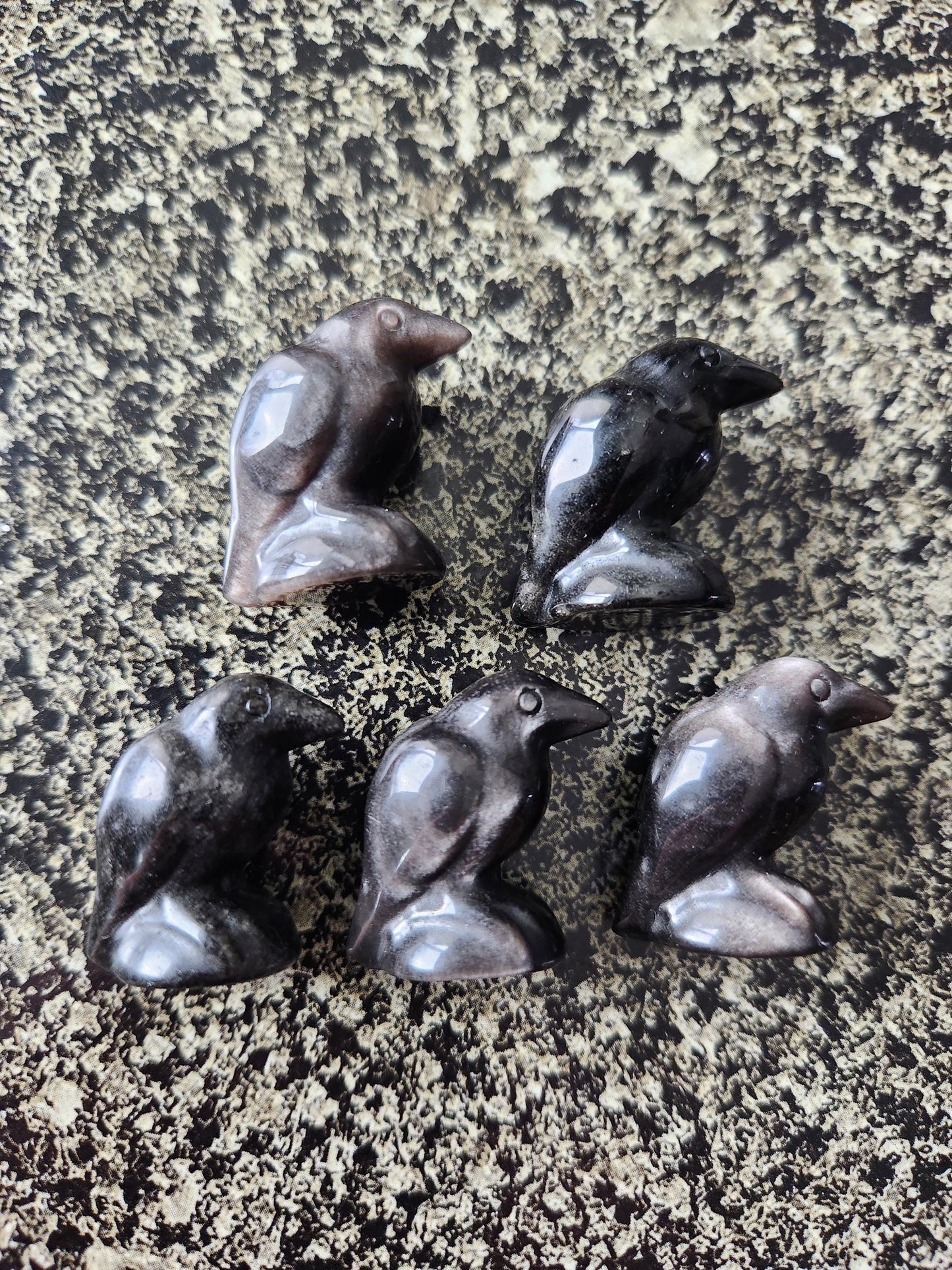 Carved Silver Sheen Obsidian Crow: Natural Crystal Raven Figurine, Small