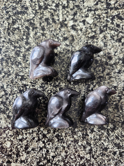 Carved Silver Sheen Obsidian Crow: Natural Crystal Raven Figurine, Small