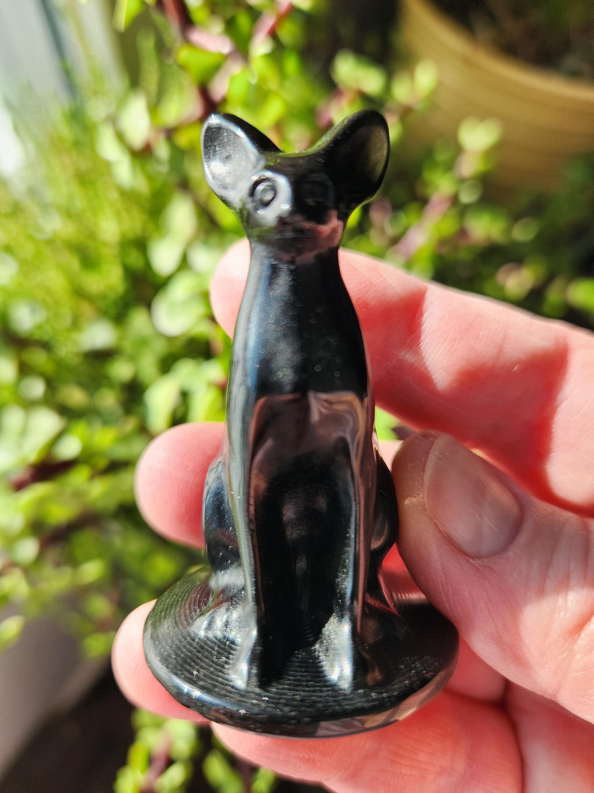 Black Obsidian Cat Figurine: Natural Stone Crystal, Sphynx