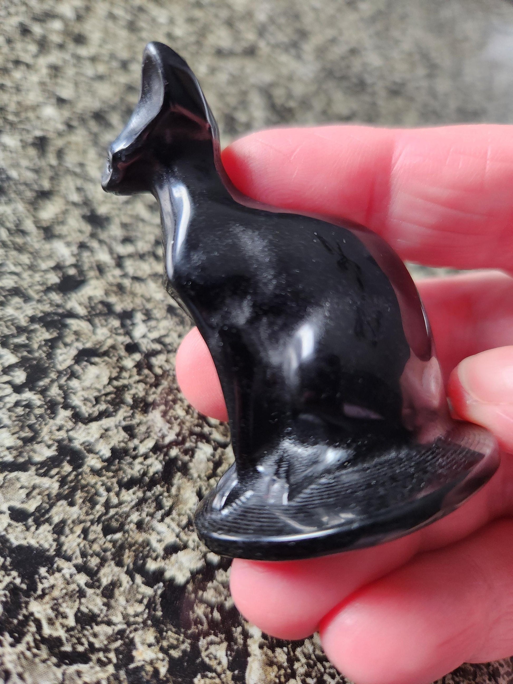 Black Obsidian Cat Figurine: Natural Stone Crystal, Sphynx