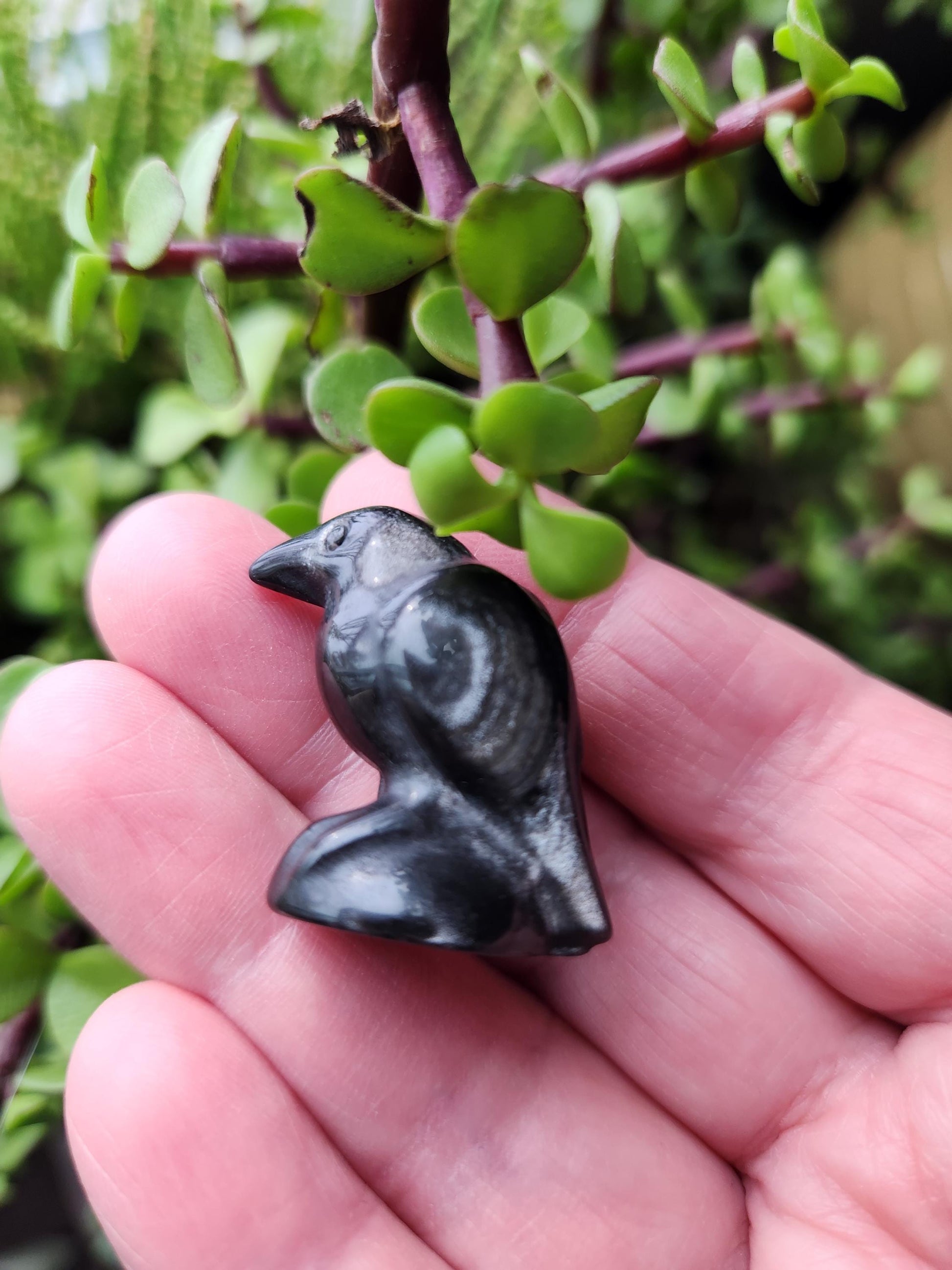 Carved Silver Sheen Obsidian Crow: Natural Crystal Raven Figurine, Small