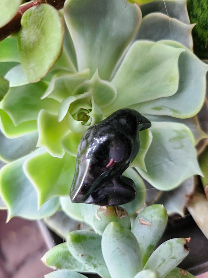 Carved Silver Sheen Obsidian Crow: Natural Crystal Raven Figurine, Small