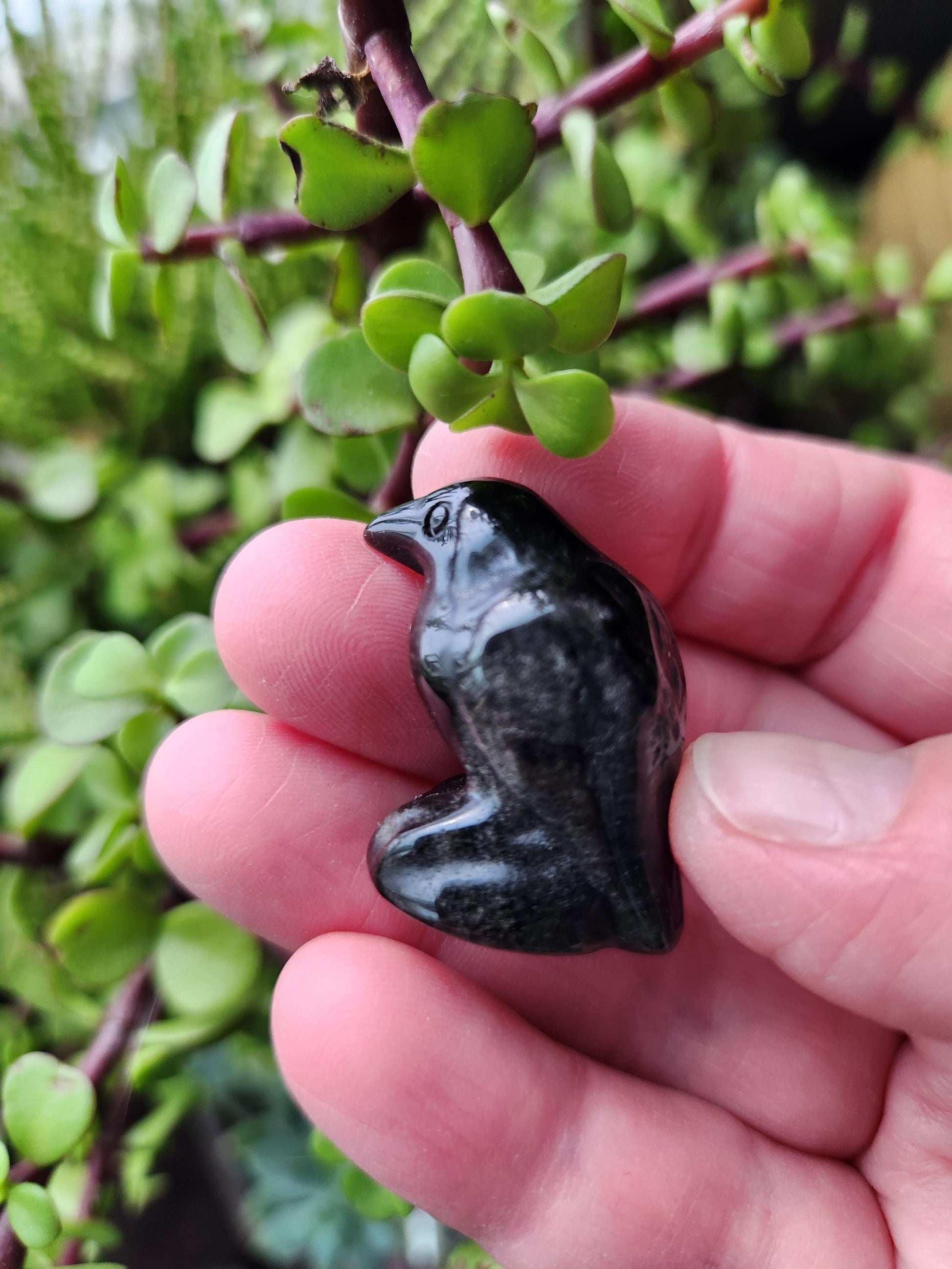 Carved Silver Sheen Obsidian Crow: Natural Crystal Raven Figurine, Small