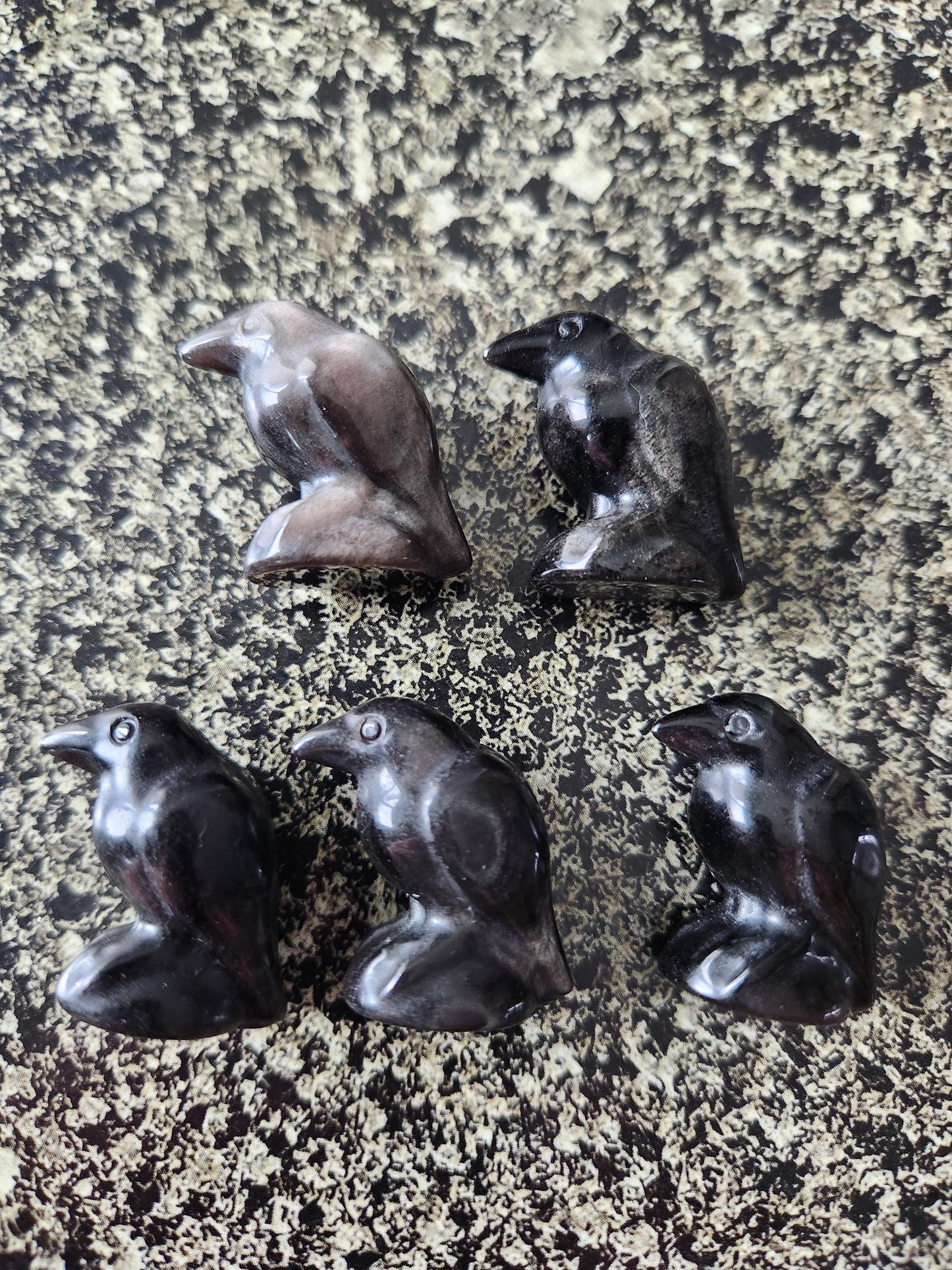 Carved Silver Sheen Obsidian Crow: Natural Crystal Raven Figurine, Small