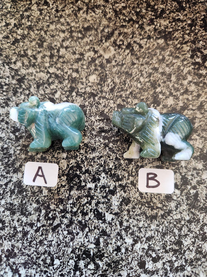 Carved Moss Agate Mini Bear, All Natural Crystal, One