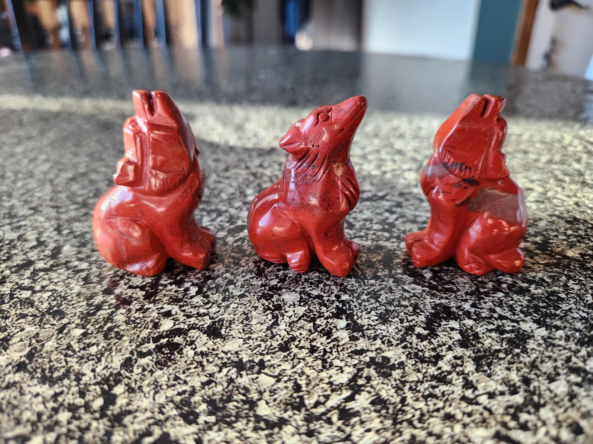 Carved Red Jasper Howling Wolf, All Natural Crystal, One