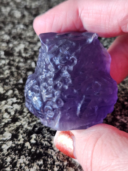 Carved Purple Fluorite Crystal Owl, Unique