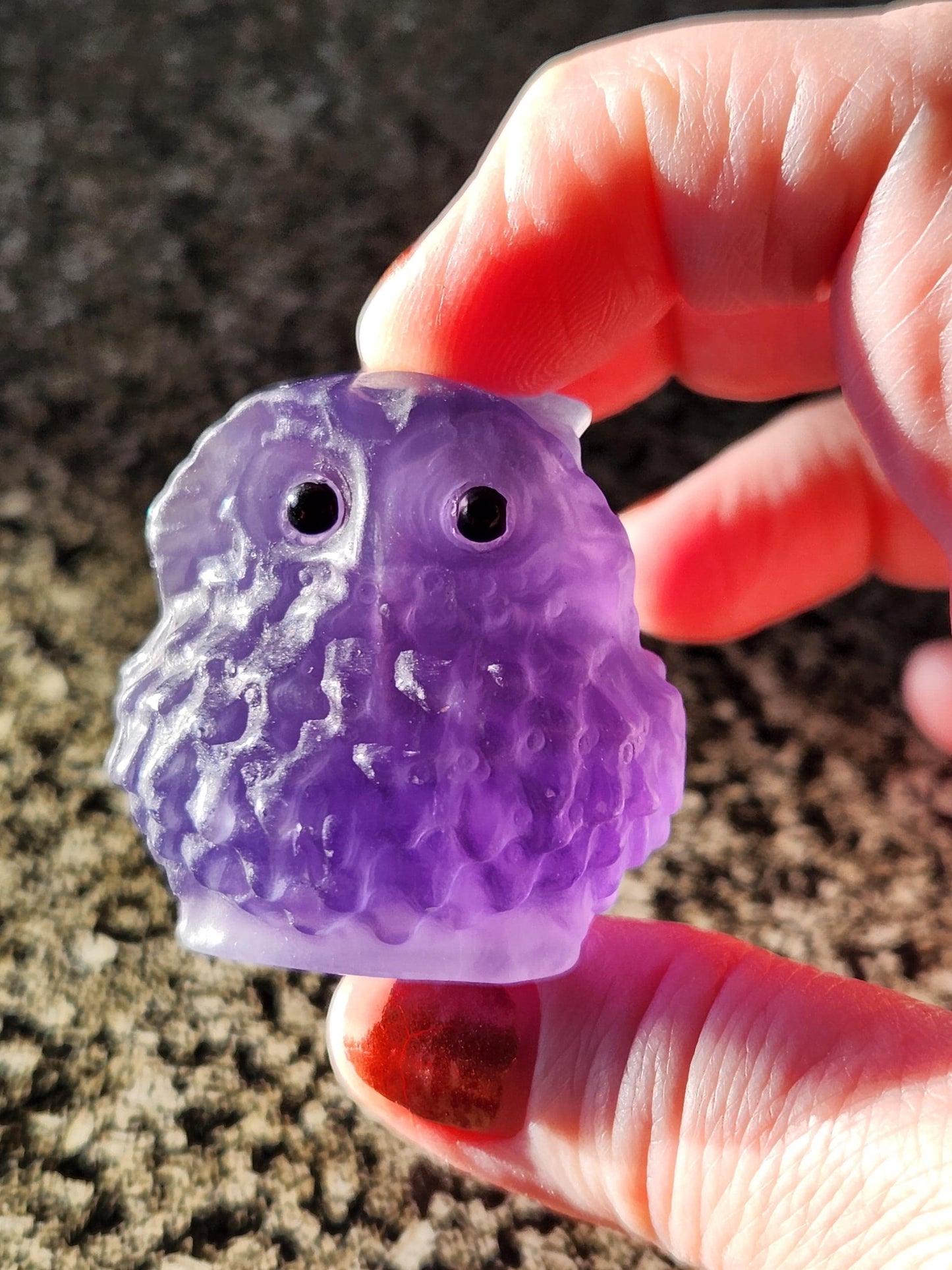 Carved Purple Fluorite Crystal Owl, Unique