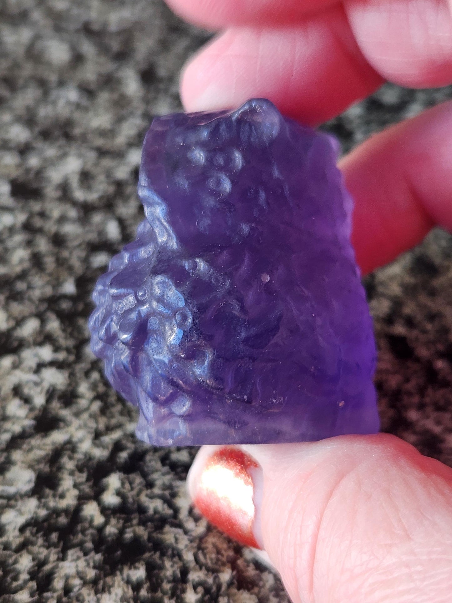 Carved Purple Fluorite Crystal Owl, Unique