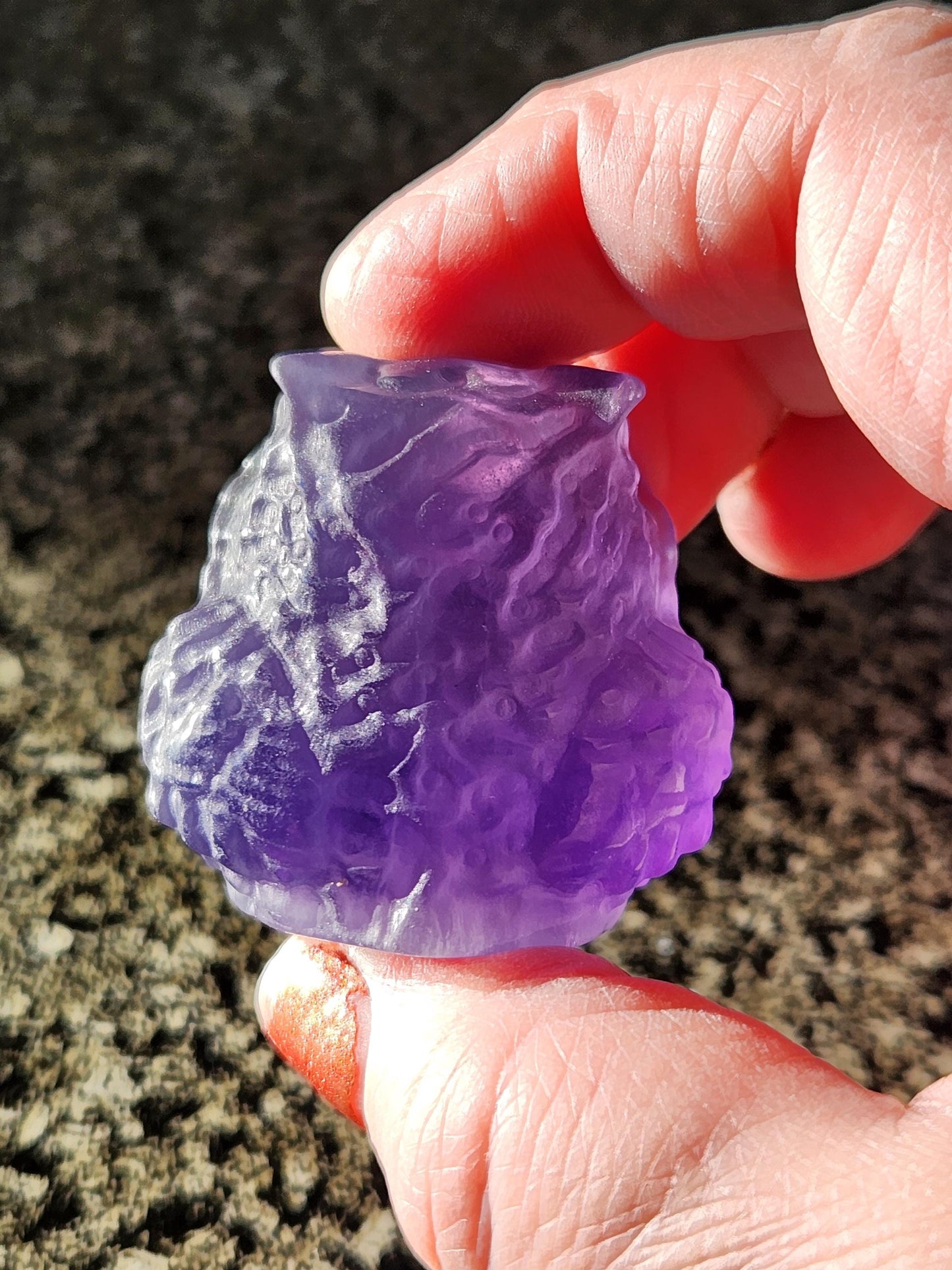 Carved Purple Fluorite Crystal Owl, Unique