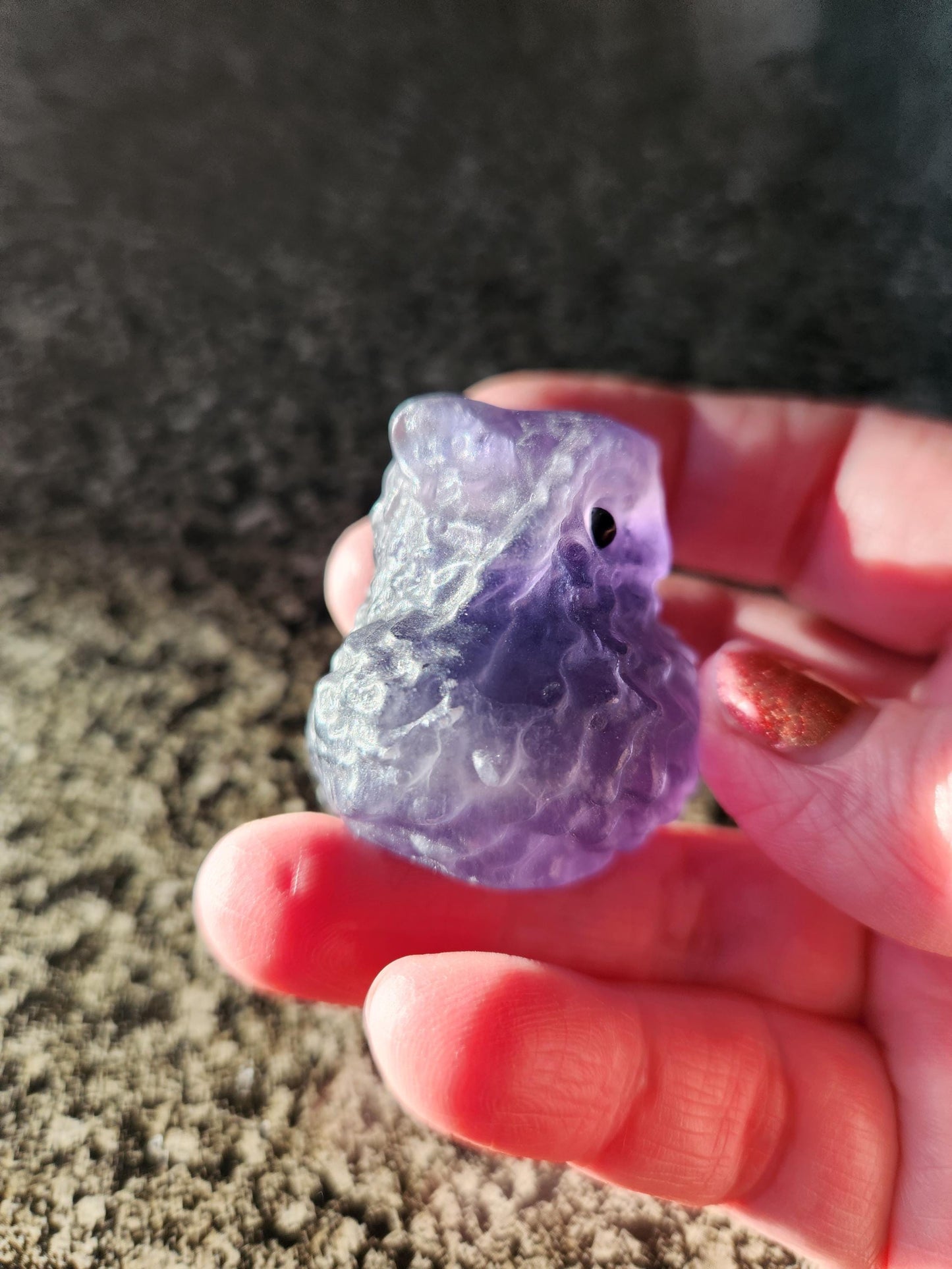 Carved Dark Purple Fluorite Crystal Owl, Unique