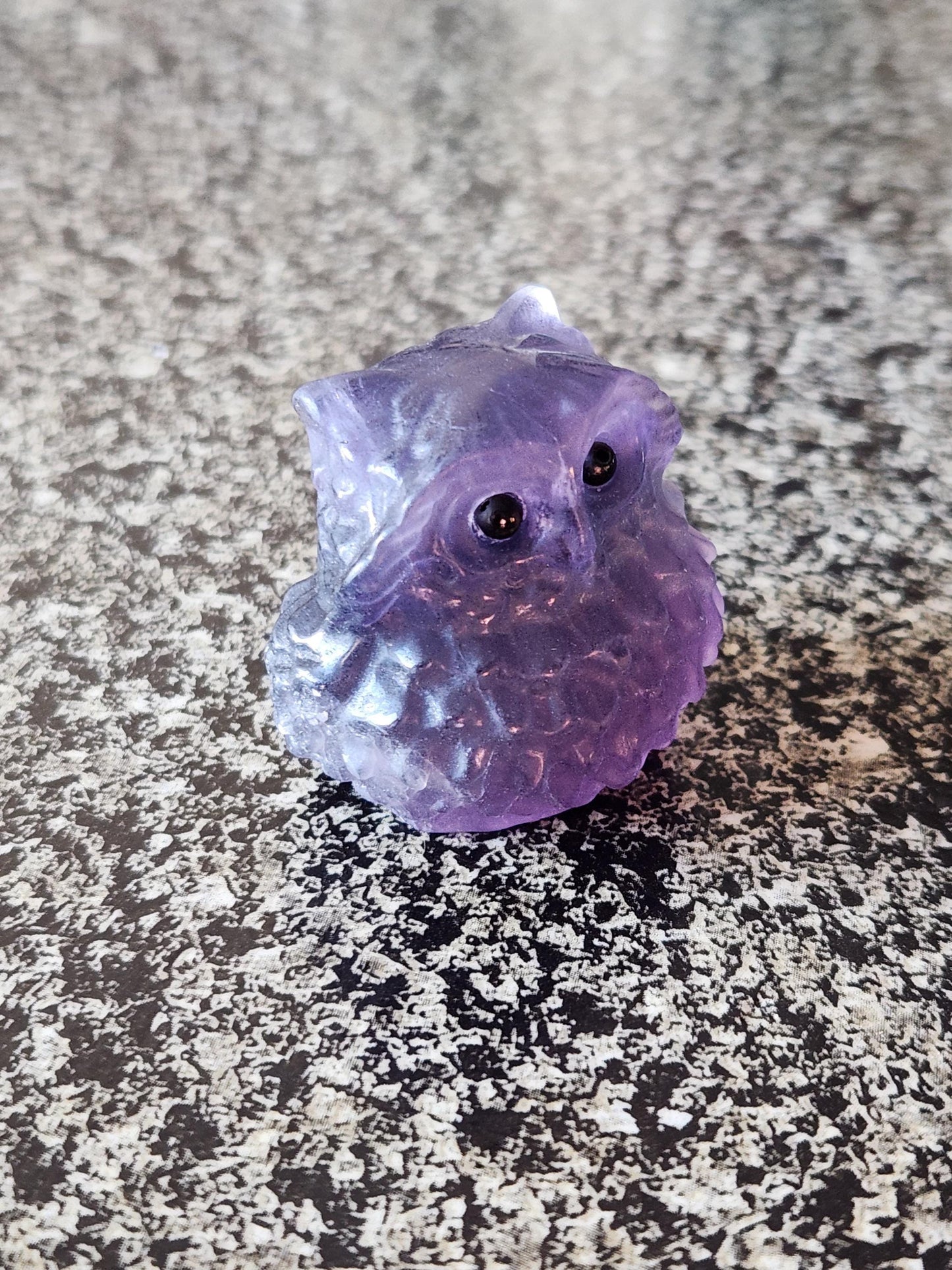 Carved Dark Purple Fluorite Crystal Owl, Unique